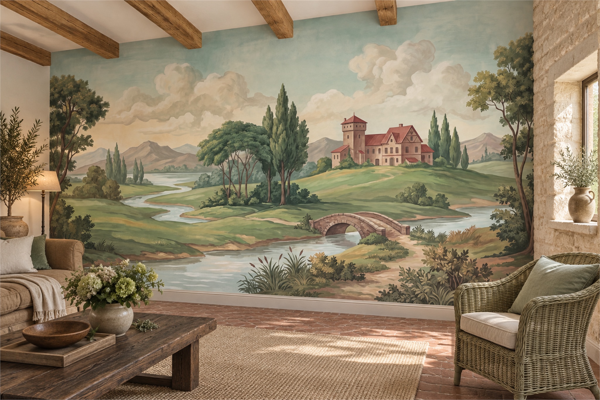 Sage Countryside River And Stone Bridge Wallpaper Mural — Wallpaper Mural Design, Peel-and-stick Finish
