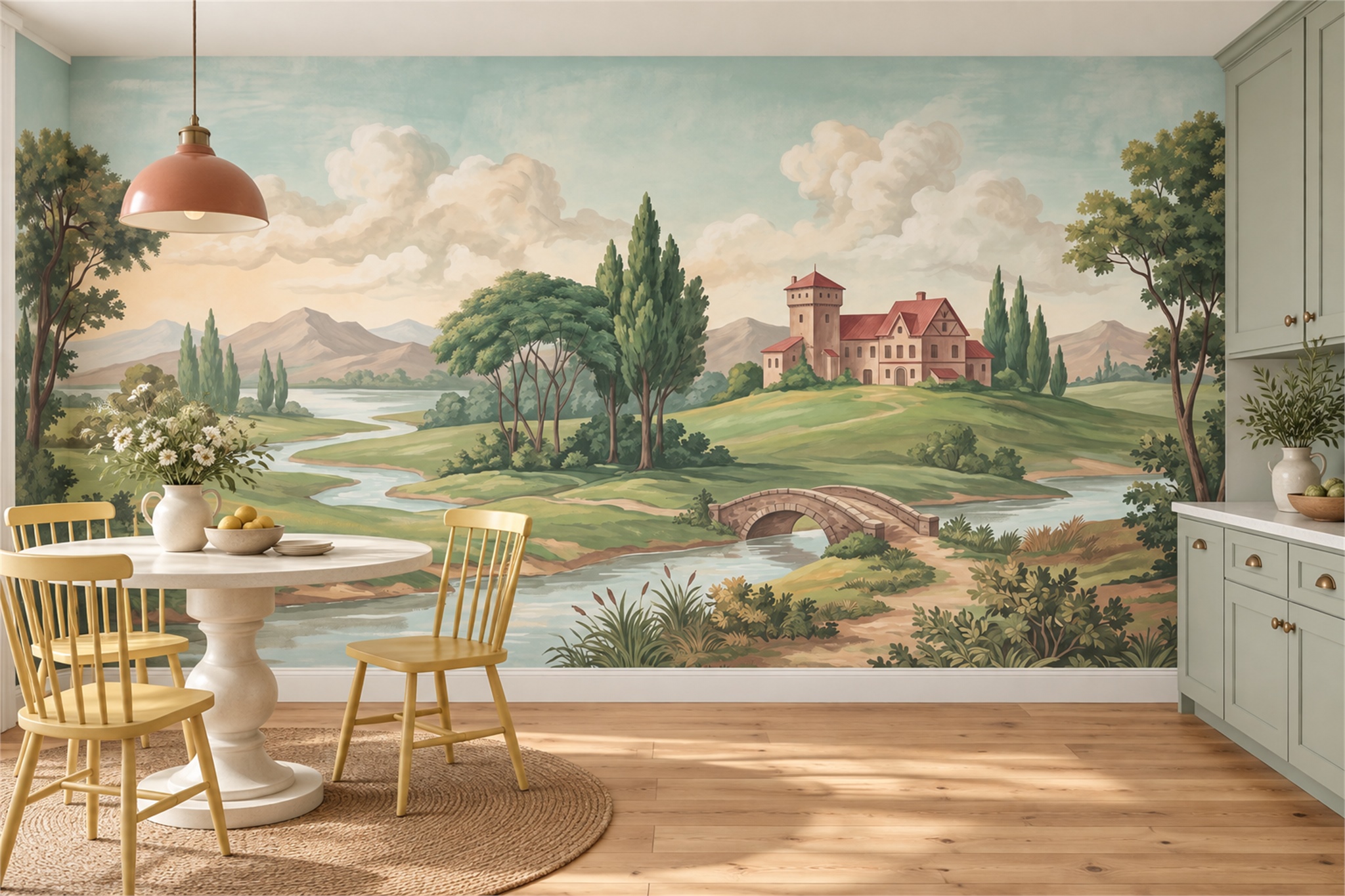 Sage Pattern Decorative Wallpaper Mural Layered Forms Wallpaper Mural Dining-room-wallpaper-murals, Shown In A Dining Room, Peel-and-stick Finish