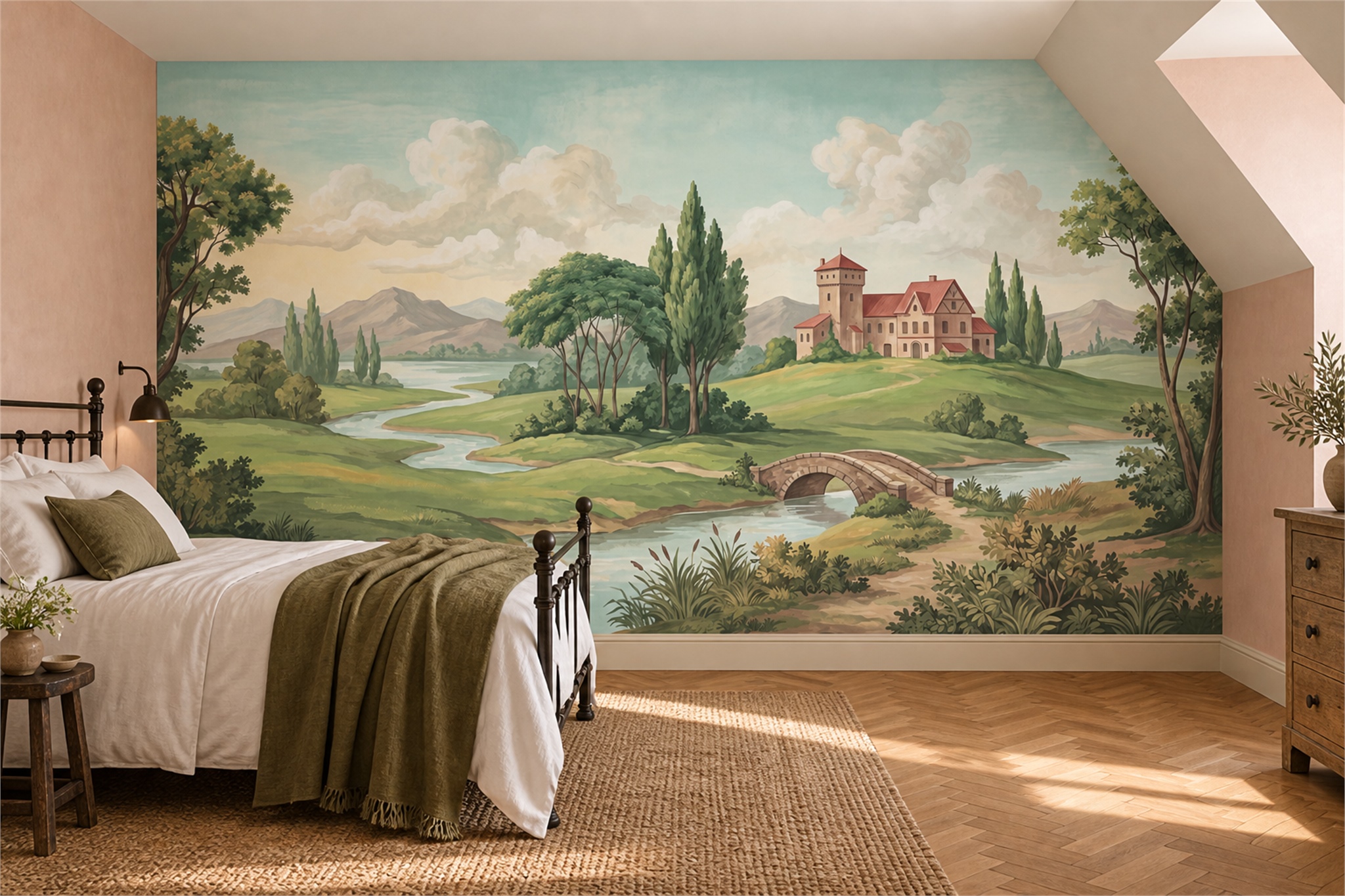 Sage Pattern Decorative Wallpaper Mural Layered Forms Wallpaper Mural Bedroom-wallpaper-murals, Peel-and-stick Finish