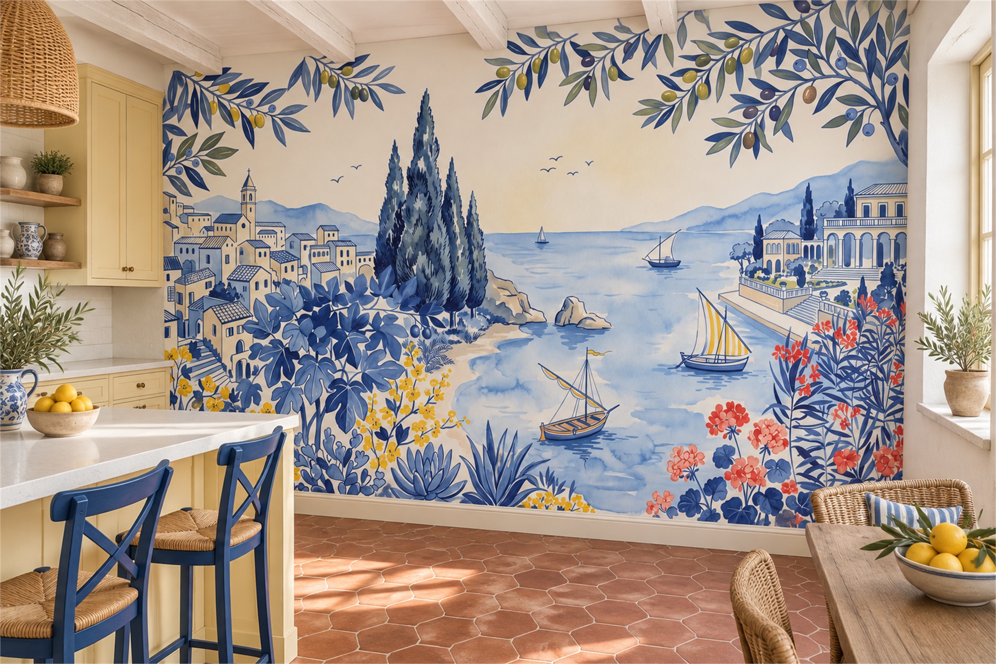 Blue Coastal Scenic Textured Wallpaper Mural Dining-room-wallpaper-murals, Shown In A Dining Room, Peel-and-stick Finish