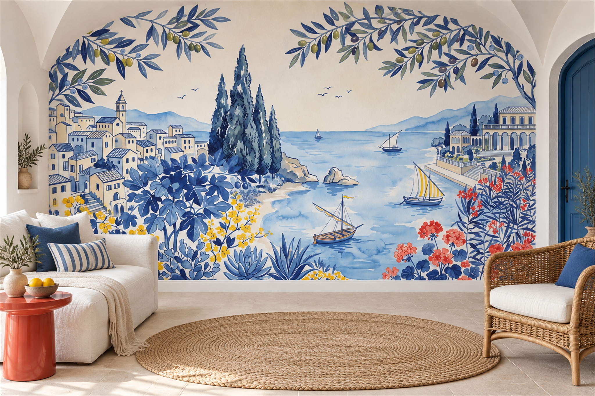 Blue Coastal Village With Sailboats And Flowering Olive Branches Wallpaper Mural — Wallpaper Mural Design, Peel-and-stick Finish