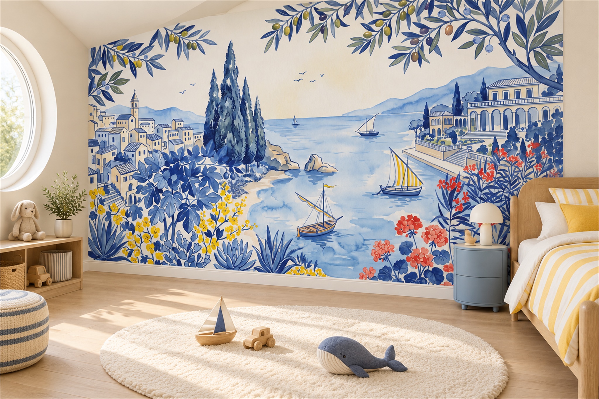 Blue Coastal Scenic Textured Wallpaper Mural Living-room-wallpaper-murals, Peel-and-stick Finish
