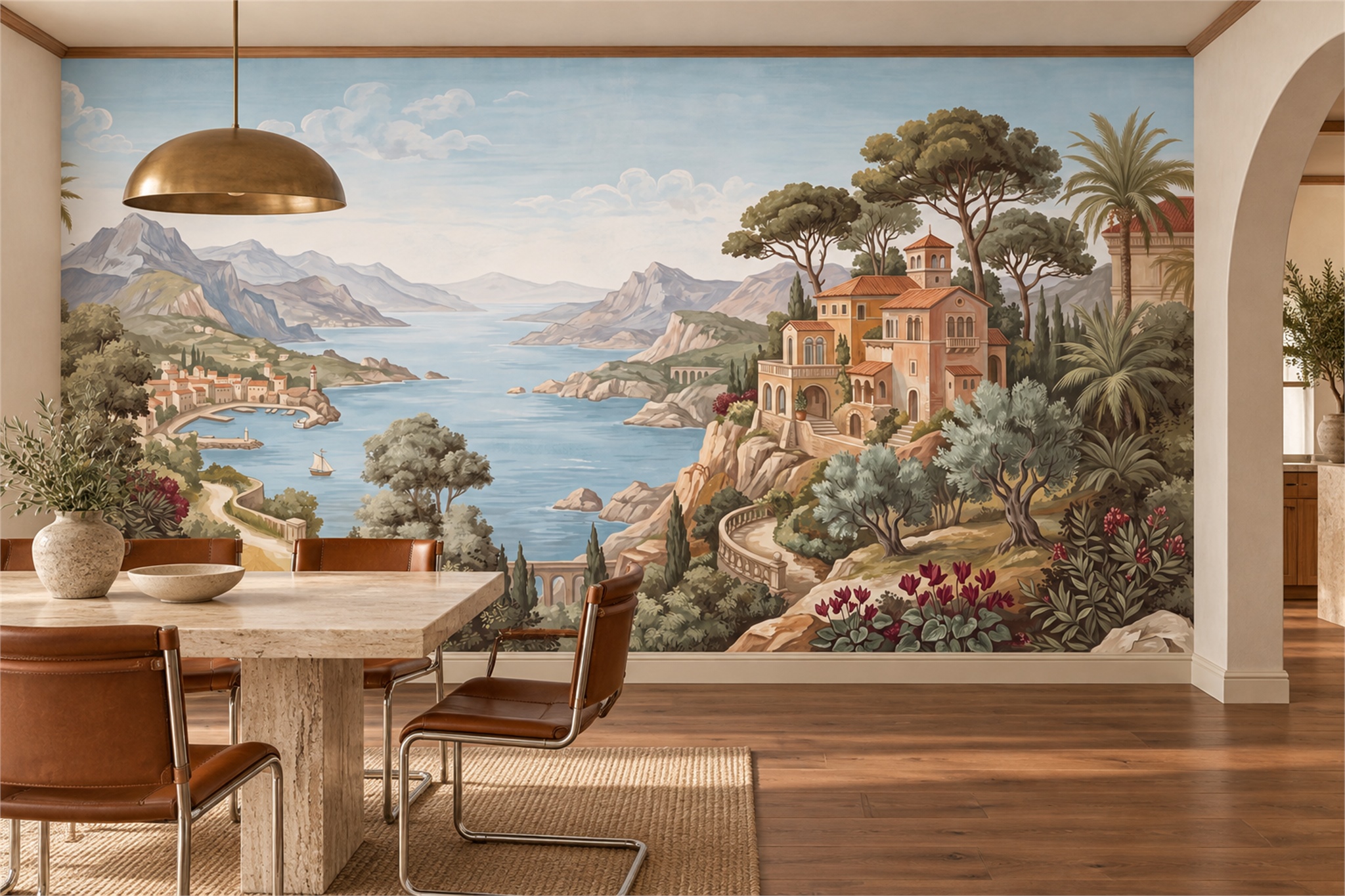 Blue Pattern Decorative Wallpaper Mural Layered Curved Wallpaper Mural Dining-room-wallpaper-murals, Shown In A Dining Room, Peel-and-stick Finish