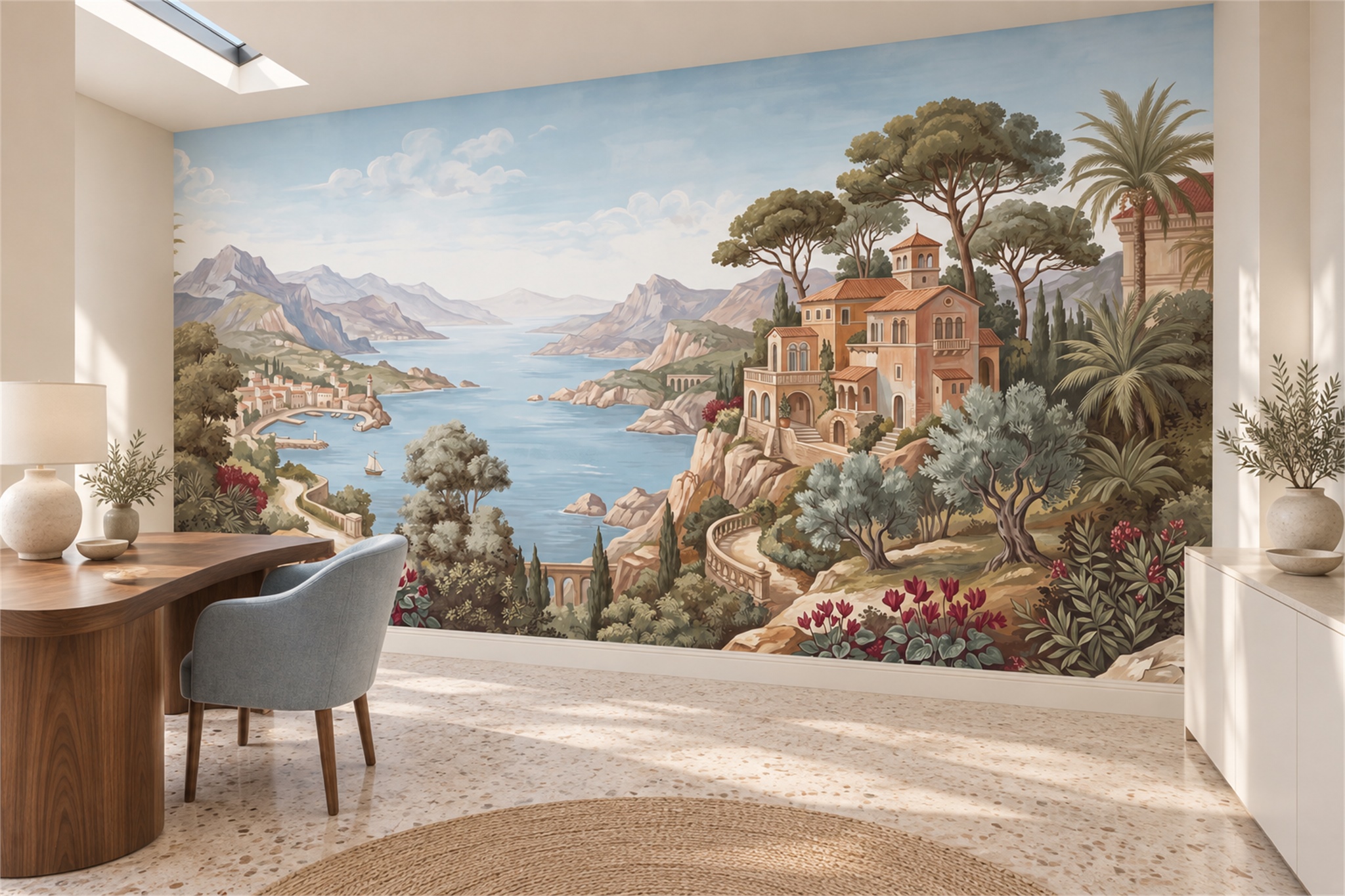 Blue Pattern Decorative Wallpaper Mural Layered Curved Wallpaper Mural Home-office-wallpaper-murals, Shown In A Home Office, Peel-and-stick Finish