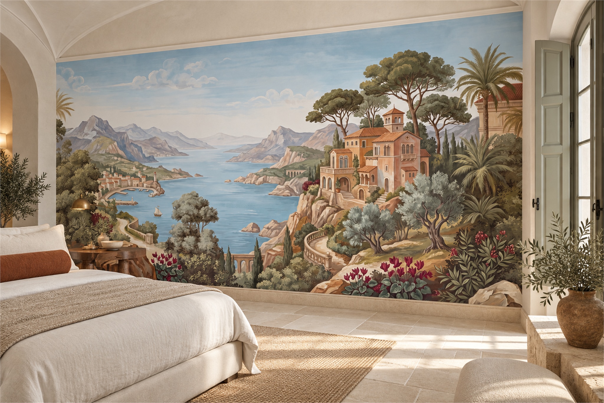 Watercolour Coastal Villa And Mountain Bay Wallpaper Mural — Installed Wallpaper Mural In A Bedroom, Peel-and-stick Finish