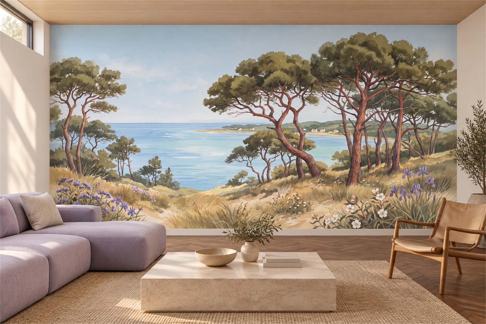 Blue Pine Scenic Wallpaper Mural Living-room-wallpaper-murals, Shown In A Living Room, Peel-and-stick Finish