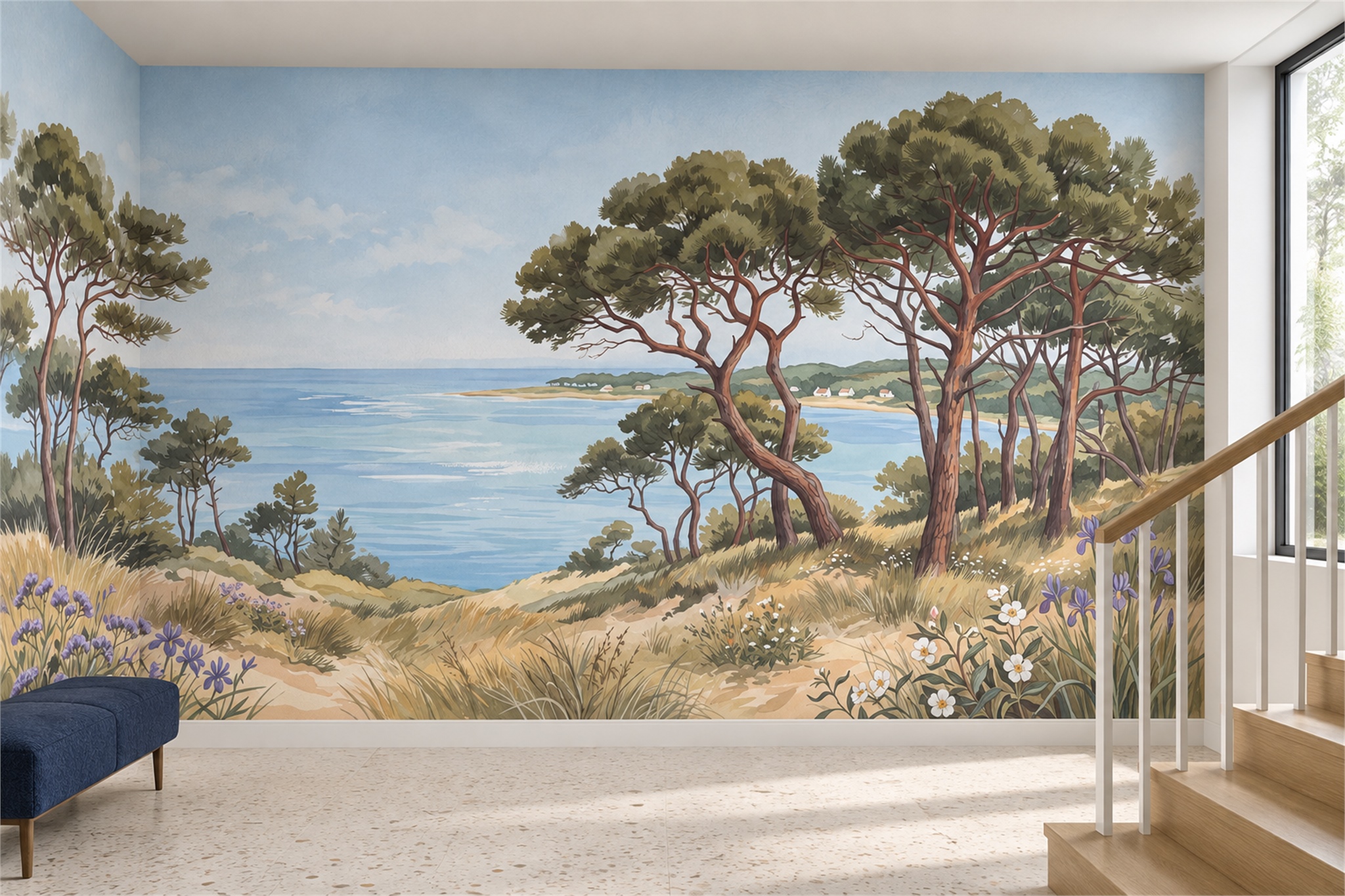 Watercolour Pine Grove And Wildflower Bay Wallpaper Mural — Wallpaper Mural Design, Peel-and-stick Finish