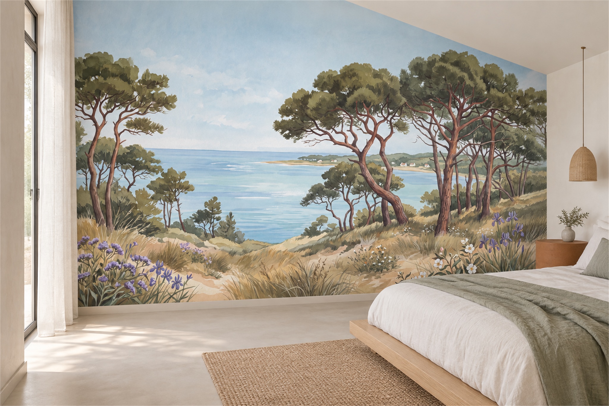 Blue Pine Scenic Wallpaper Mural Bedroom-wallpaper-murals, Peel-and-stick Finish