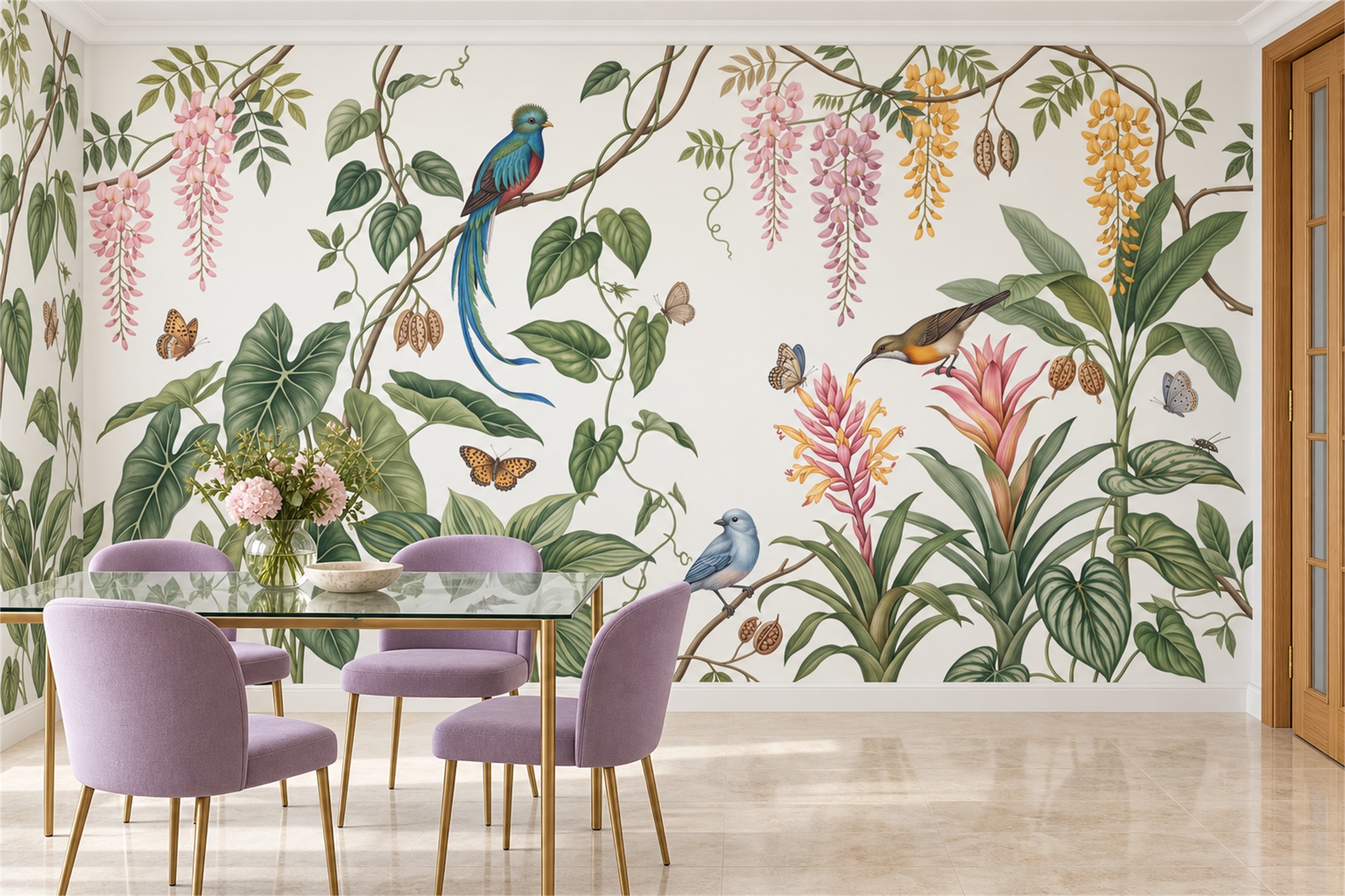 Tropical Birds And Hanging Flowers Botanical Wallpaper Mural — Wallpaper Mural Design, Peel-and-stick Finish