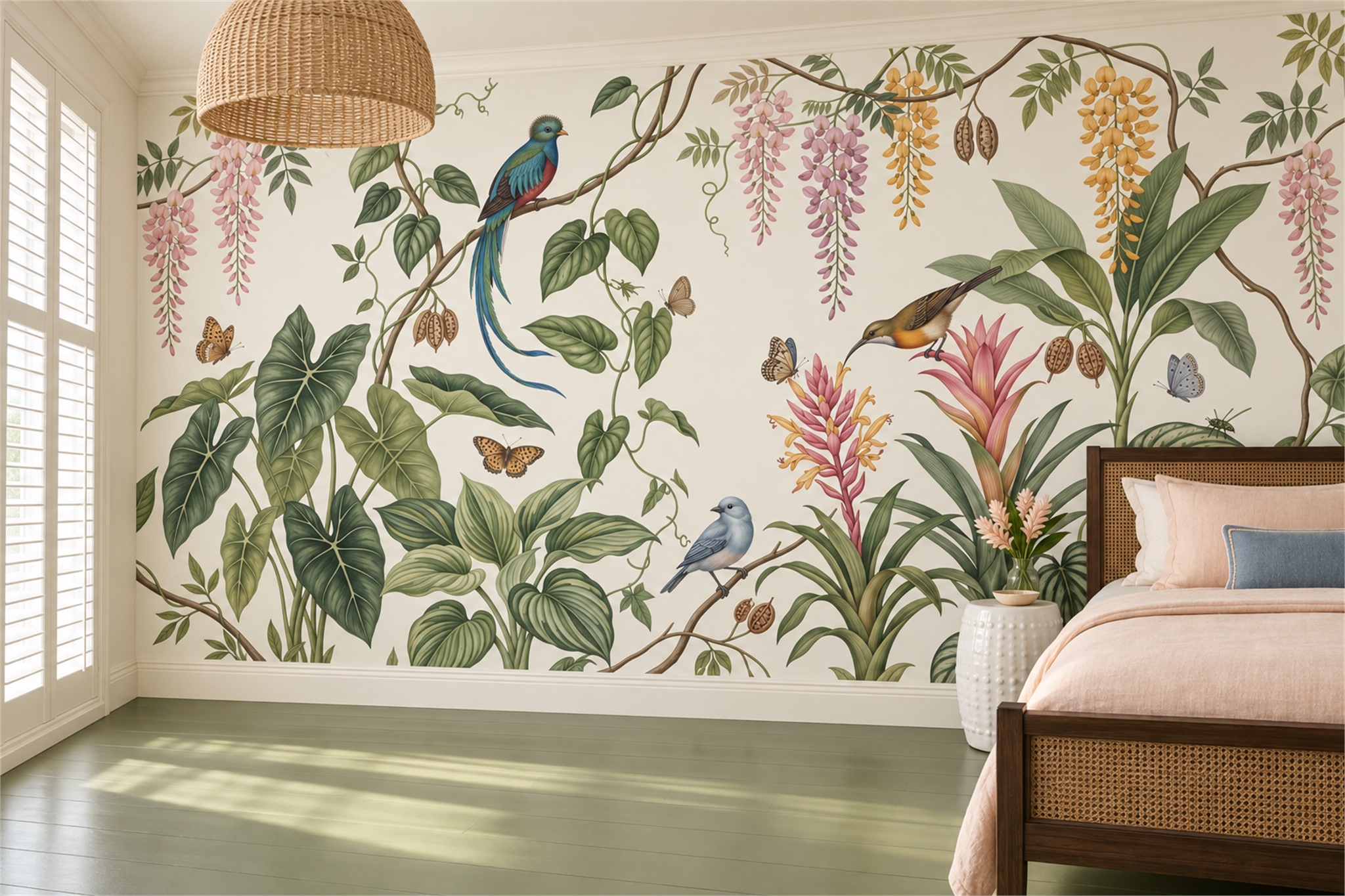 Green Botanical Botanical Wallpaper Mural Bedroom-wallpaper-murals, Peel-and-stick Finish