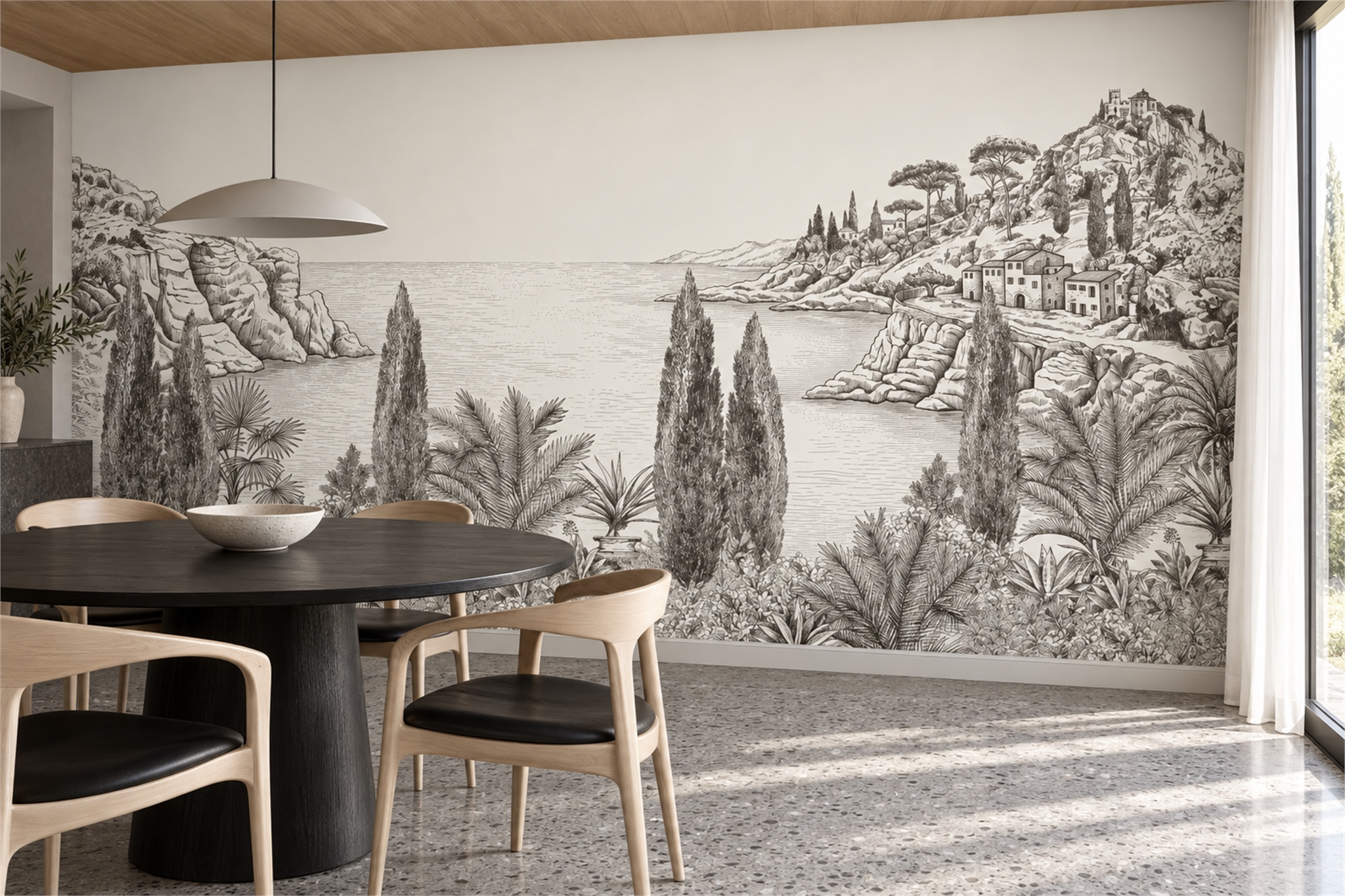 Monochrome Coastal Bay With Hilltop Castle Wallpaper Mural — Wallpaper Mural Design, Peel-and-stick Finish