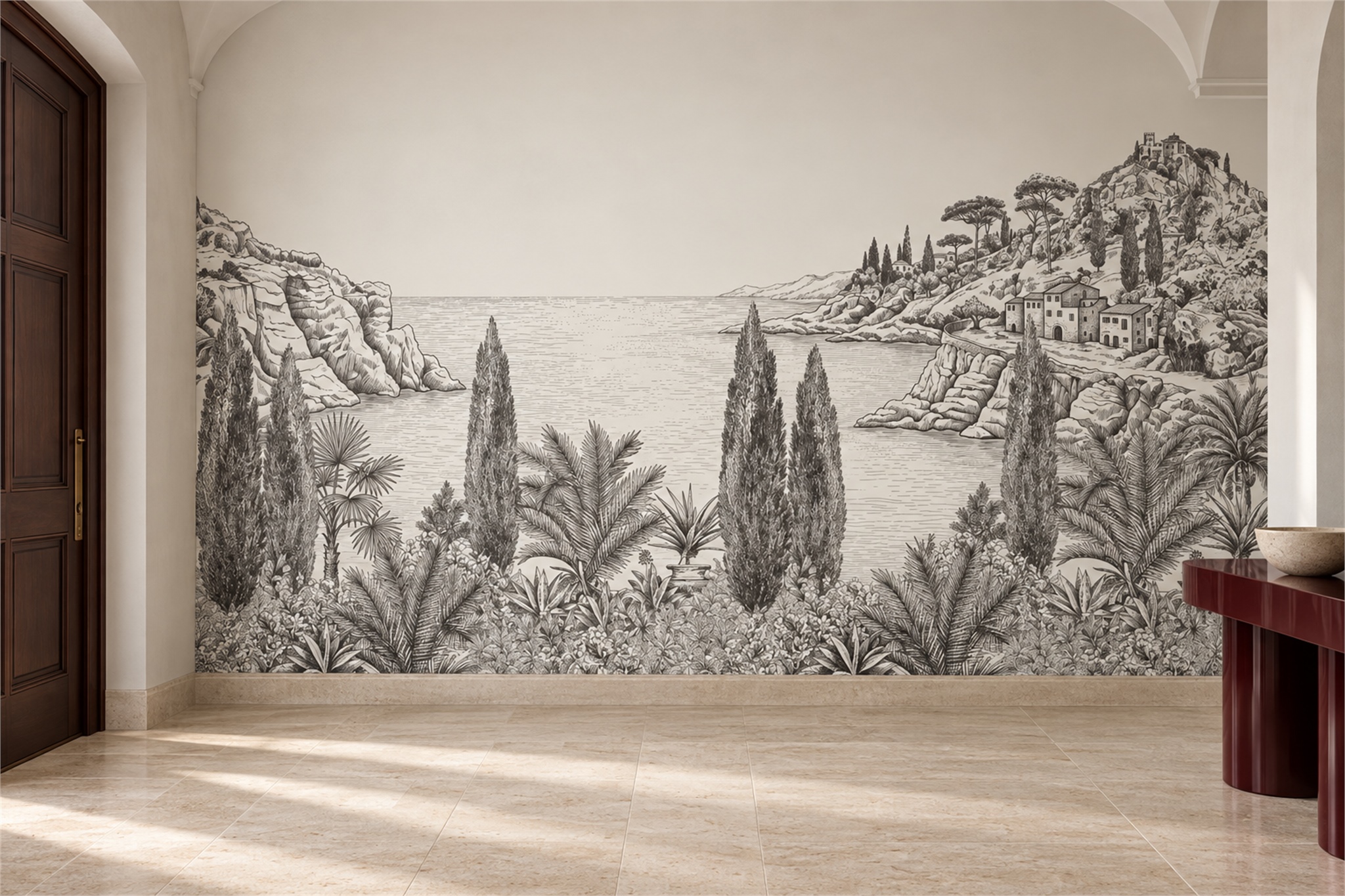 Grey Coastal Scenic Decorative Wallpaper Mural Entryway-wallpaper-murals, Peel-and-stick Finish