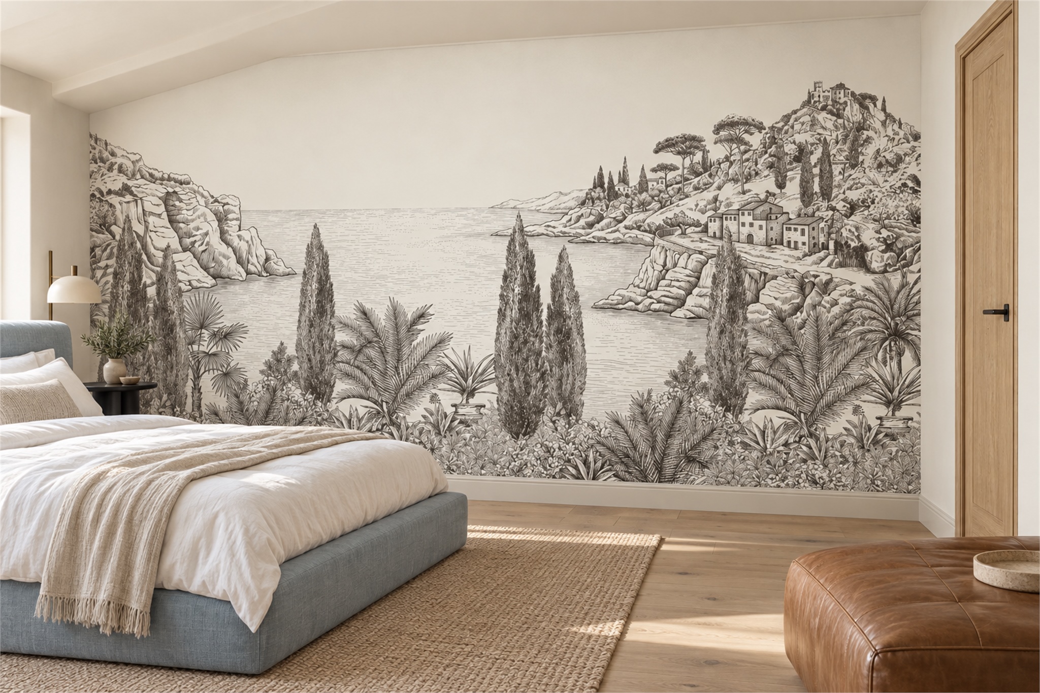 Grey Coastal Scenic Decorative Wallpaper Mural Bedroom-wallpaper-murals, Peel-and-stick Finish