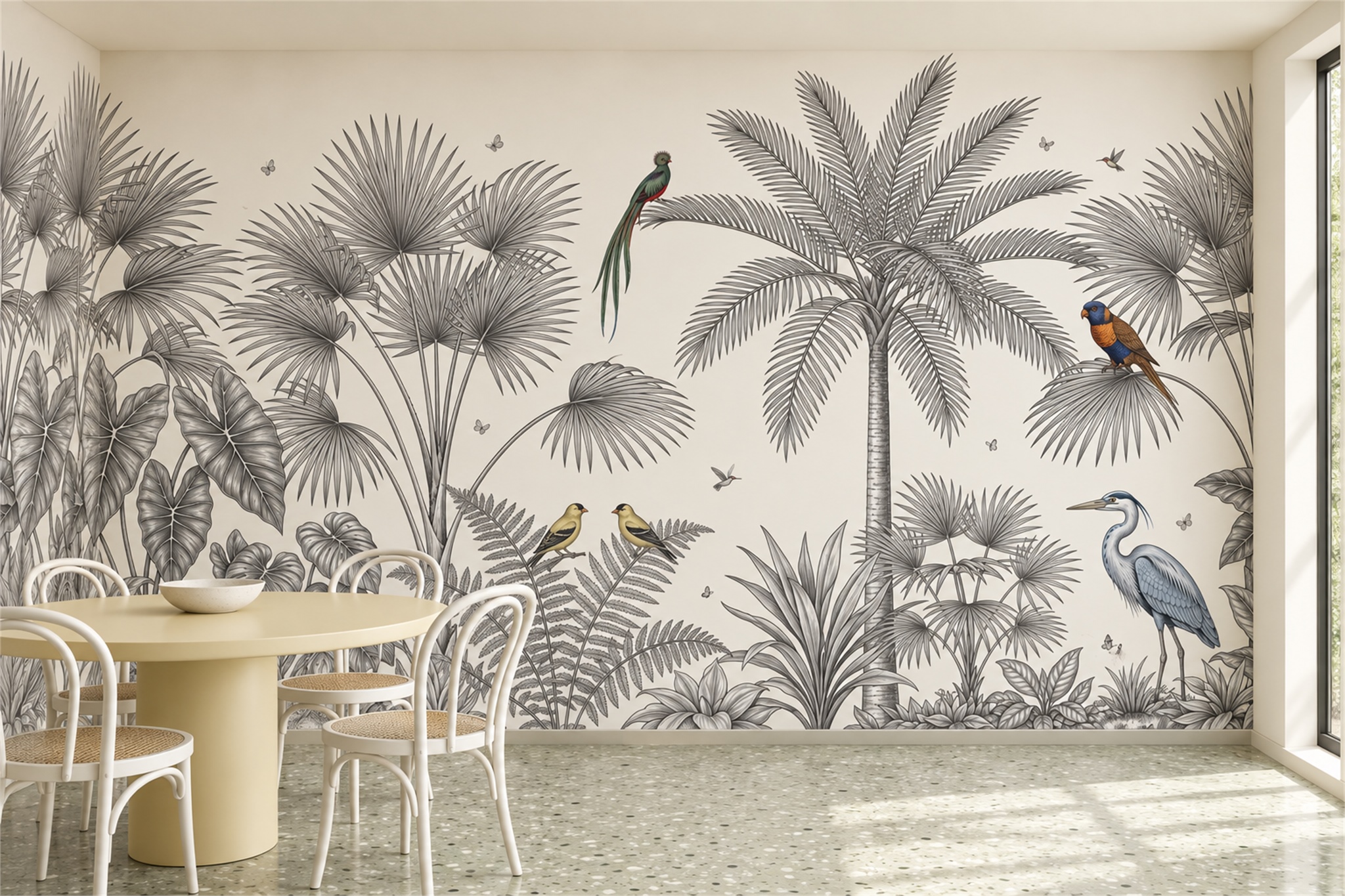Grey Parrot Illustrated Wallpaper Mural Dining-room-wallpaper-murals, Shown In A Dining Room, Peel-and-stick Finish