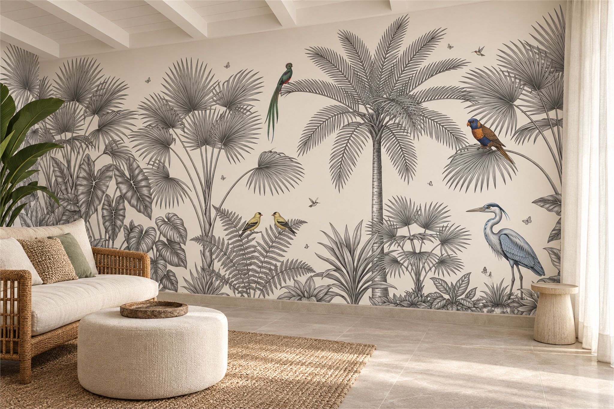 Grey Palm Fronds And Tropical Birds Wallpaper Mural — Wallpaper Mural Design, Peel-and-stick Finish