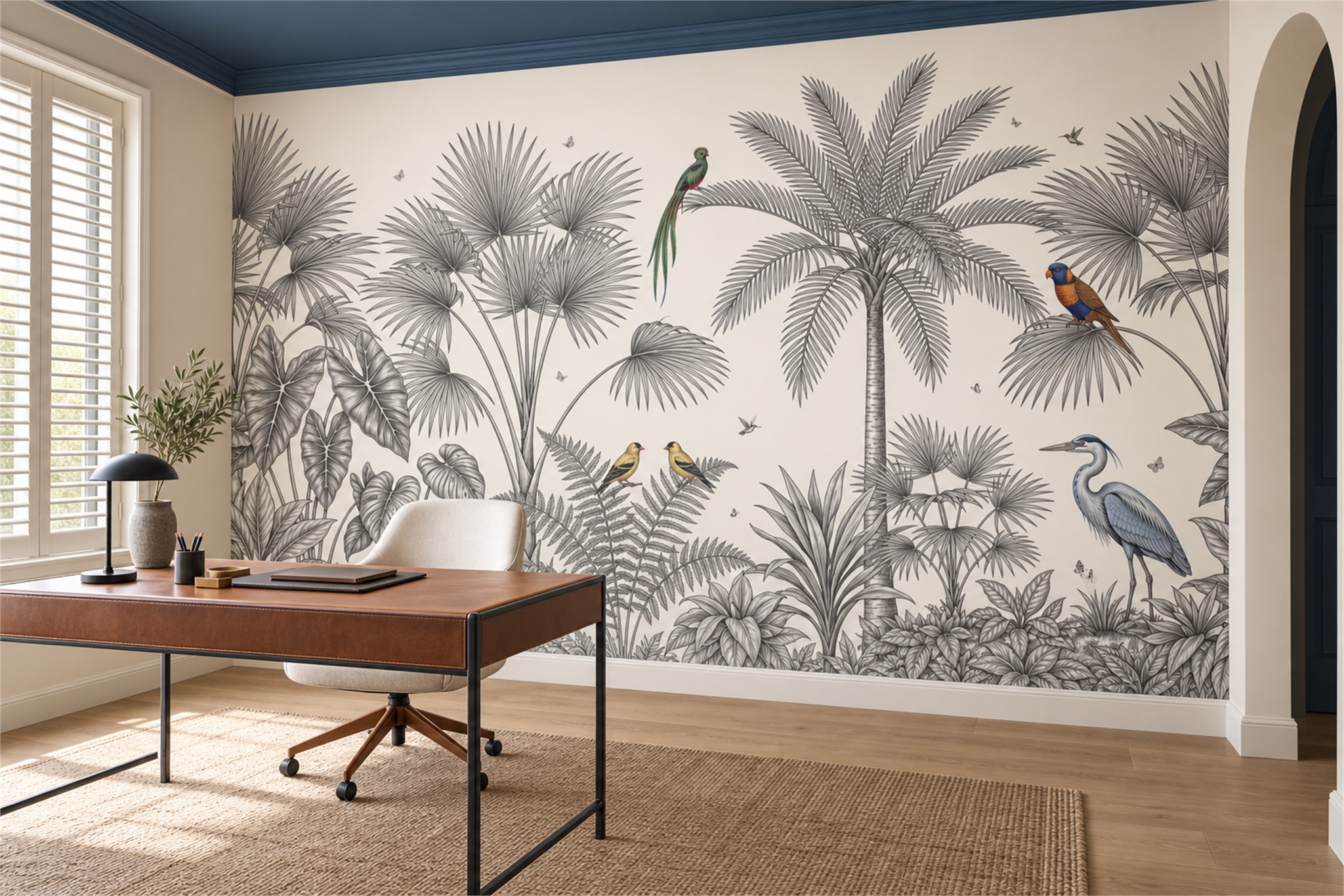 Grey Parrot Illustrated Wallpaper Mural Home-office-wallpaper-murals, Shown In A Home Office, Peel-and-stick Finish