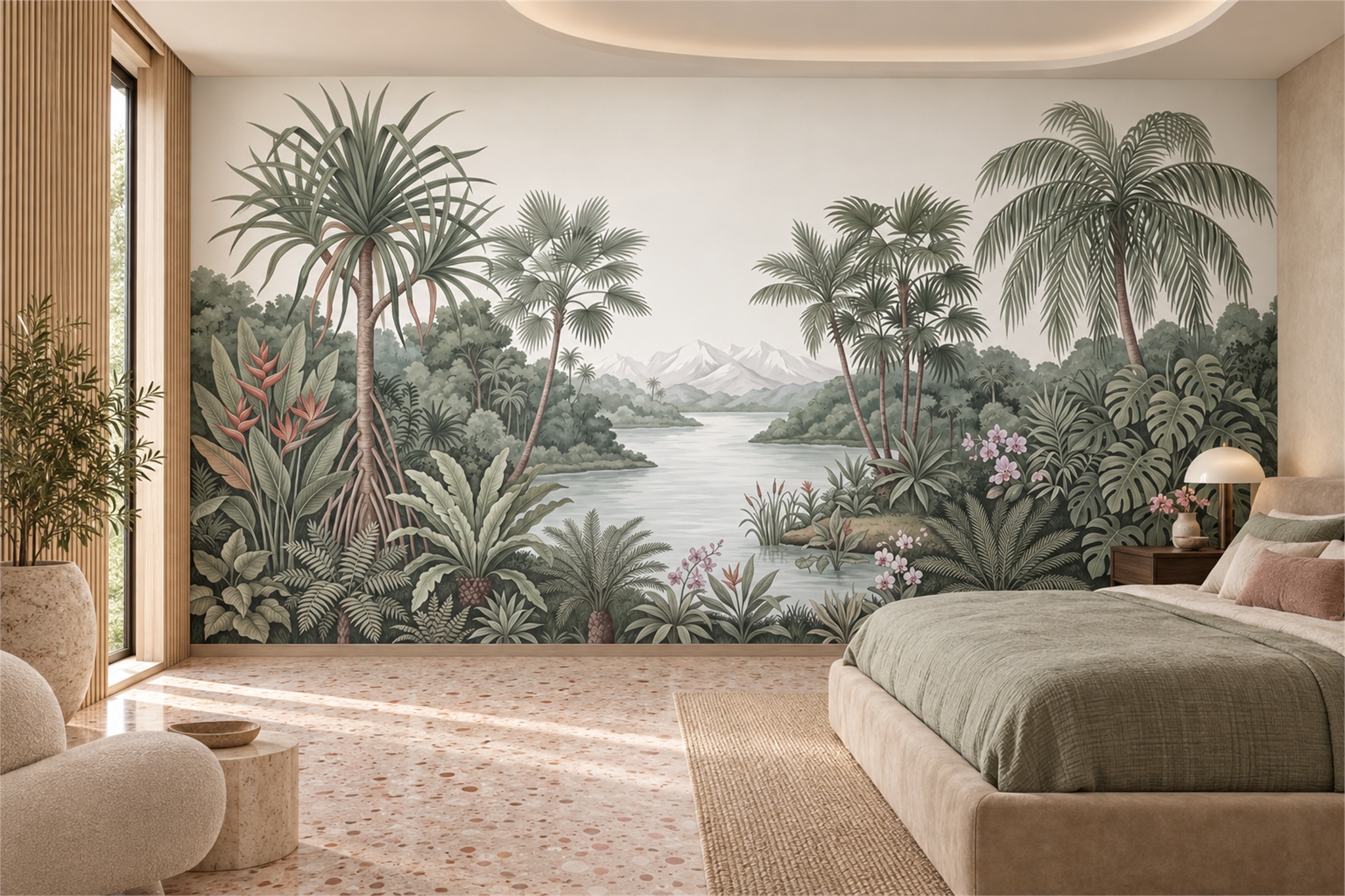Sage Palm River With Tropical Foliage And Distant Snowy Peaks Wallpaper Mural — Installed Wallpaper Mural In A Bedroom, Peel-and-stick Finish