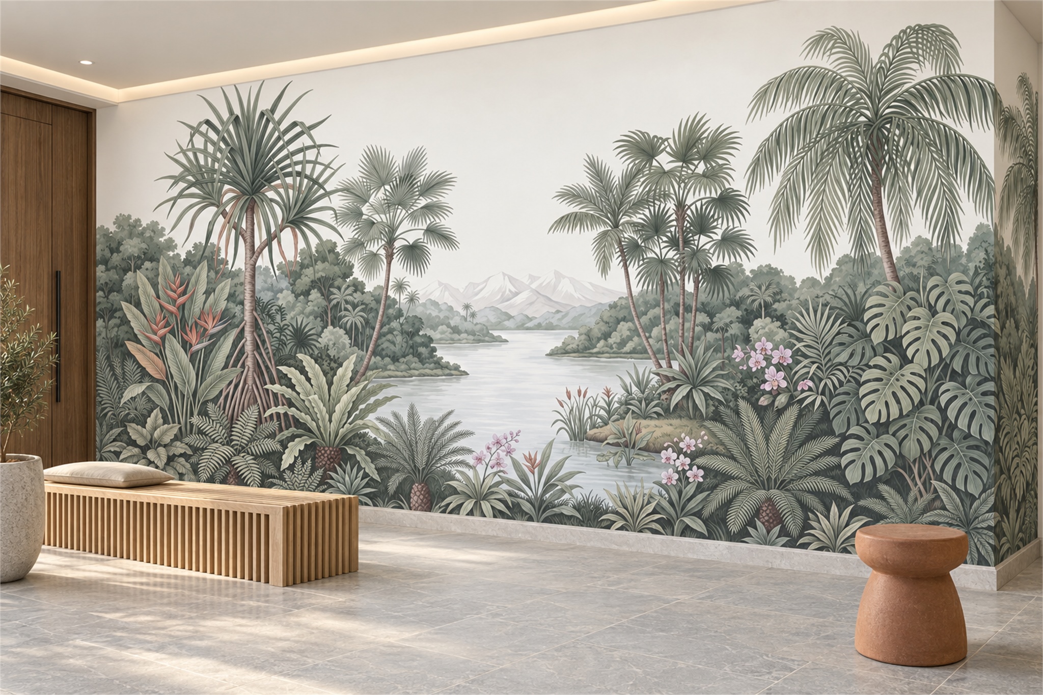Sage Palm Artful Wallpaper Mural Entryway-wallpaper-murals, Peel-and-stick Finish