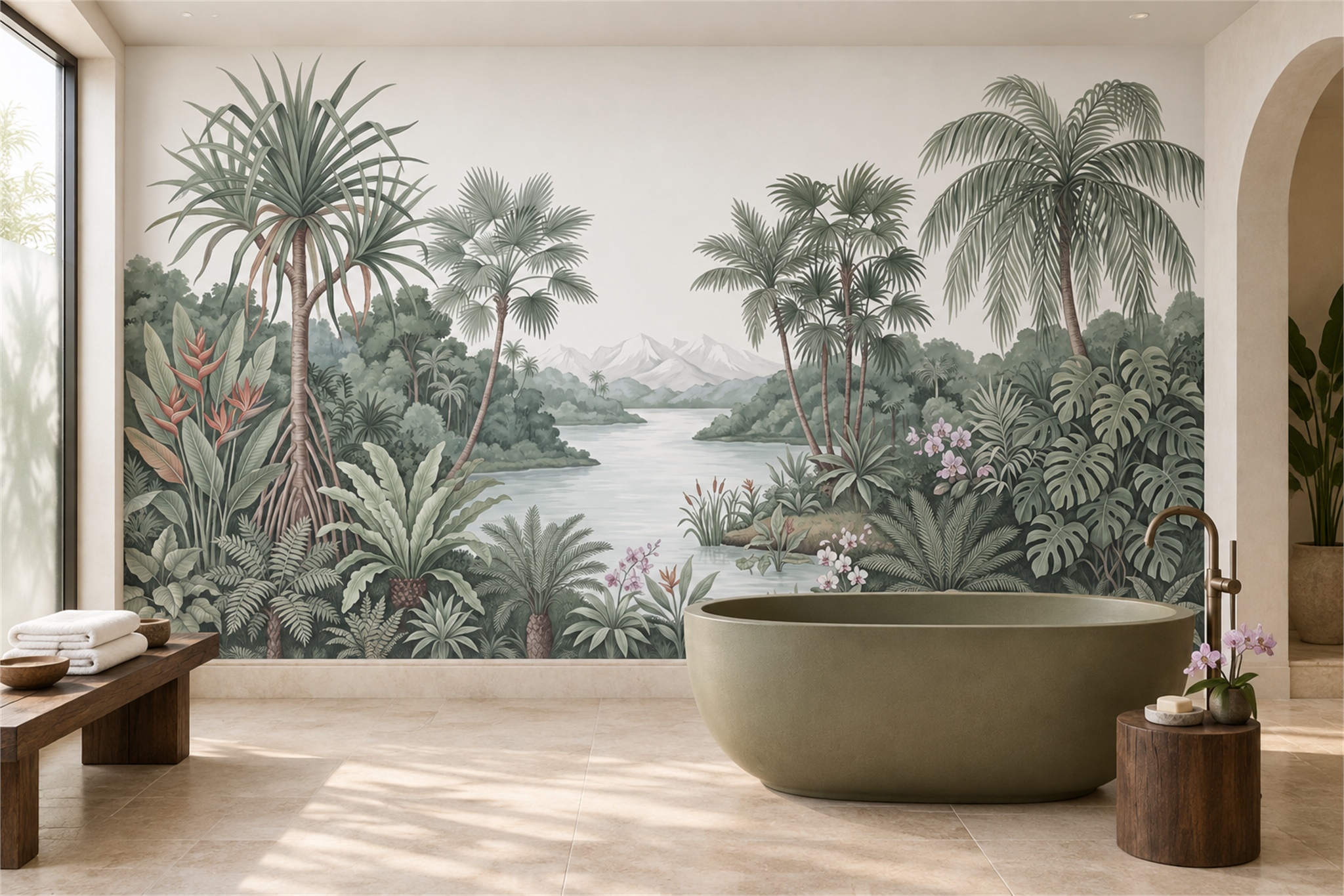Sage Palm Artful Wallpaper Mural Bathroom-wallpaper-murals, Peel-and-stick Finish