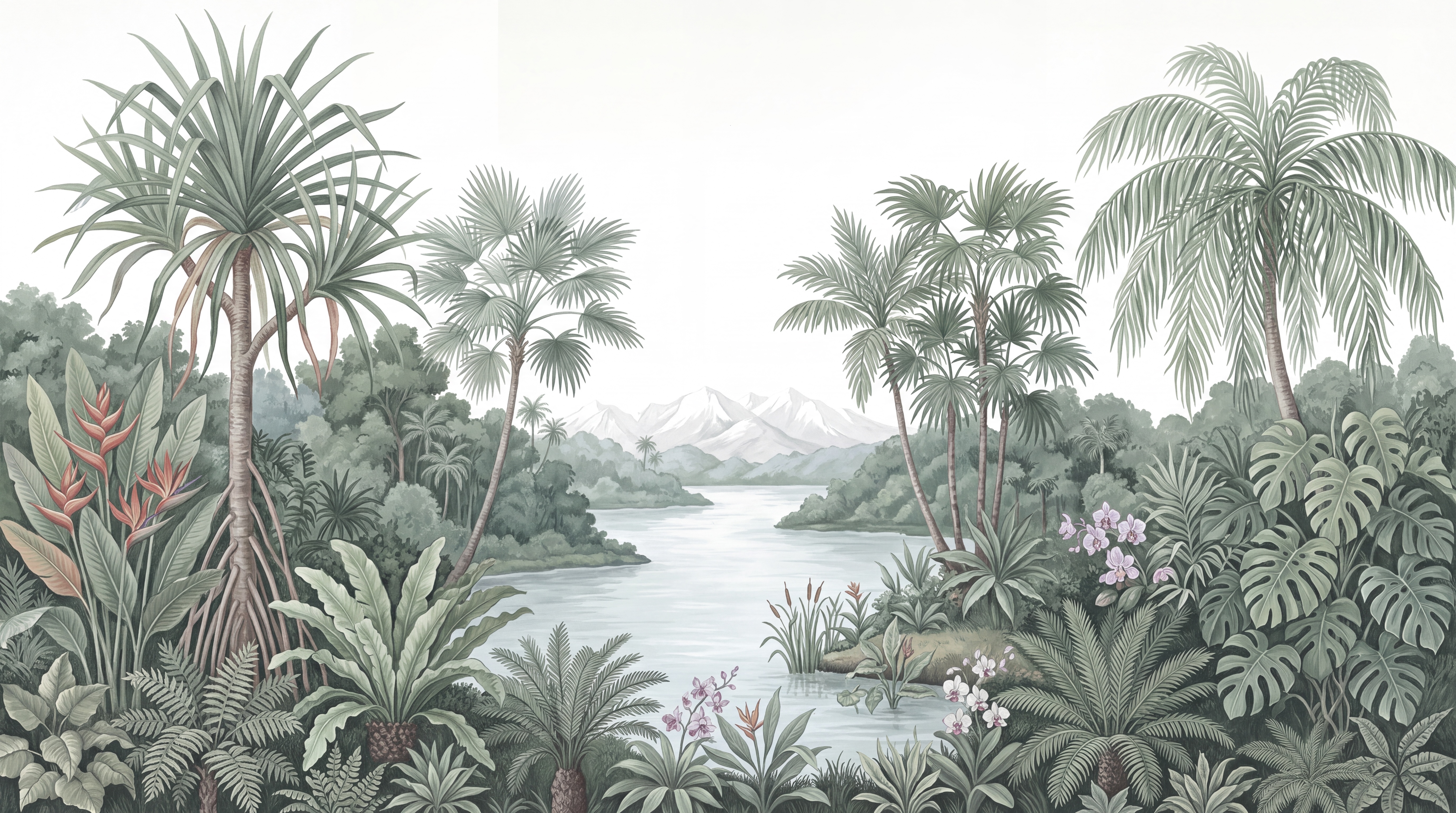 Sage Palm Artful Wallpaper Mural Bedroom-wallpaper-murals, Peel-and-stick Finish
