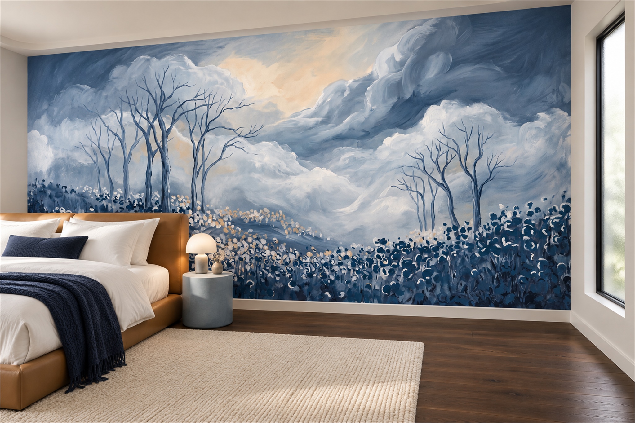 Blue Clouds Artful Decorative Wallpaper Mural Bedroom-wallpaper-murals, Peel-and-stick Finish