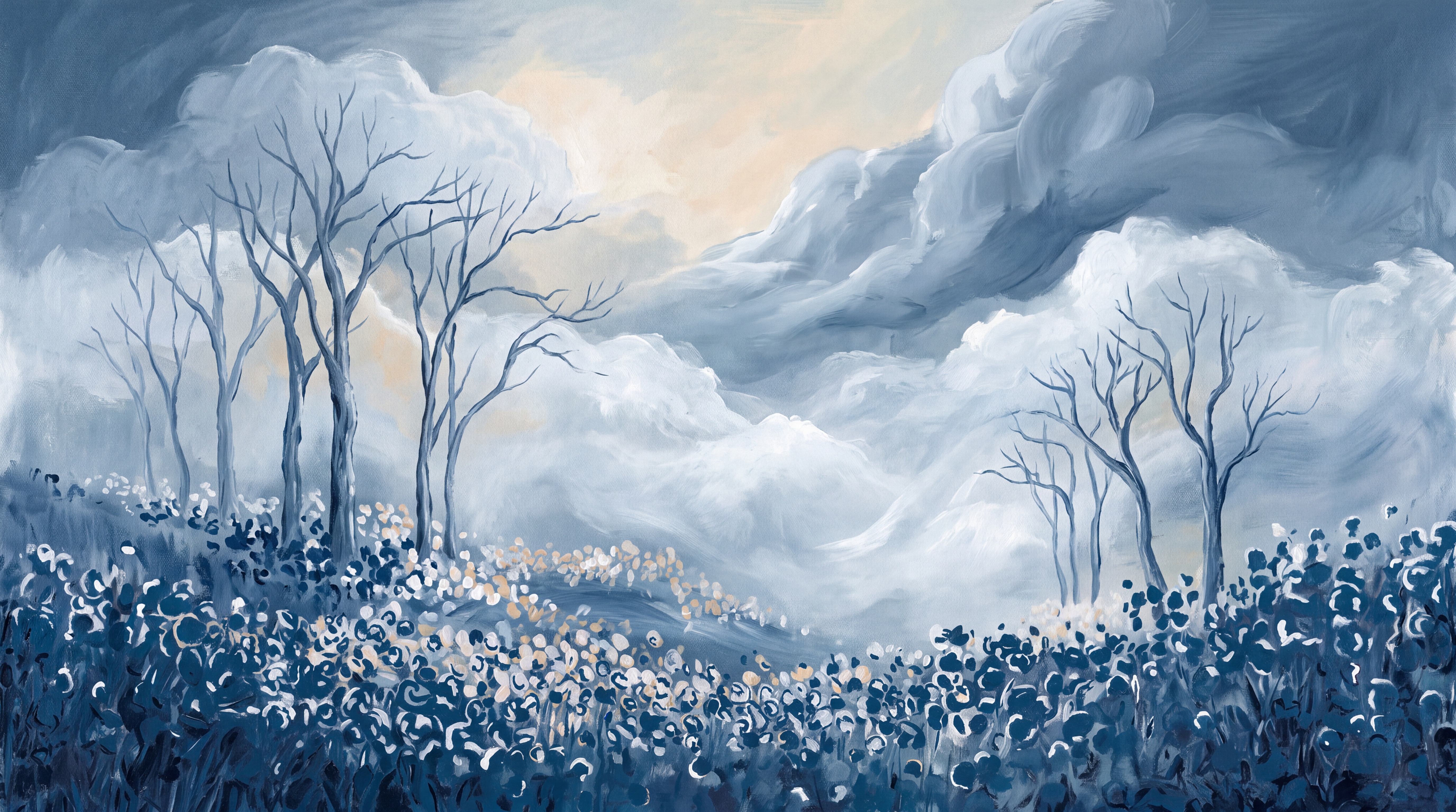 Blue Clouds Artful Decorative Wallpaper Mural, Peel-and-stick Finish