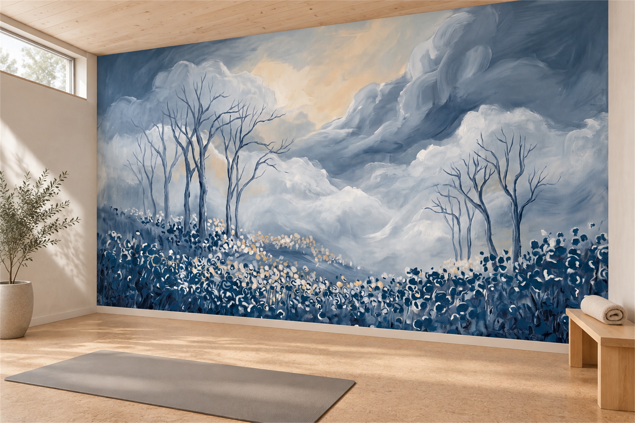 Blue Clouds Artful Decorative Wallpaper Mural Feature-wall-wallpaper-murals, Peel-and-stick Finish