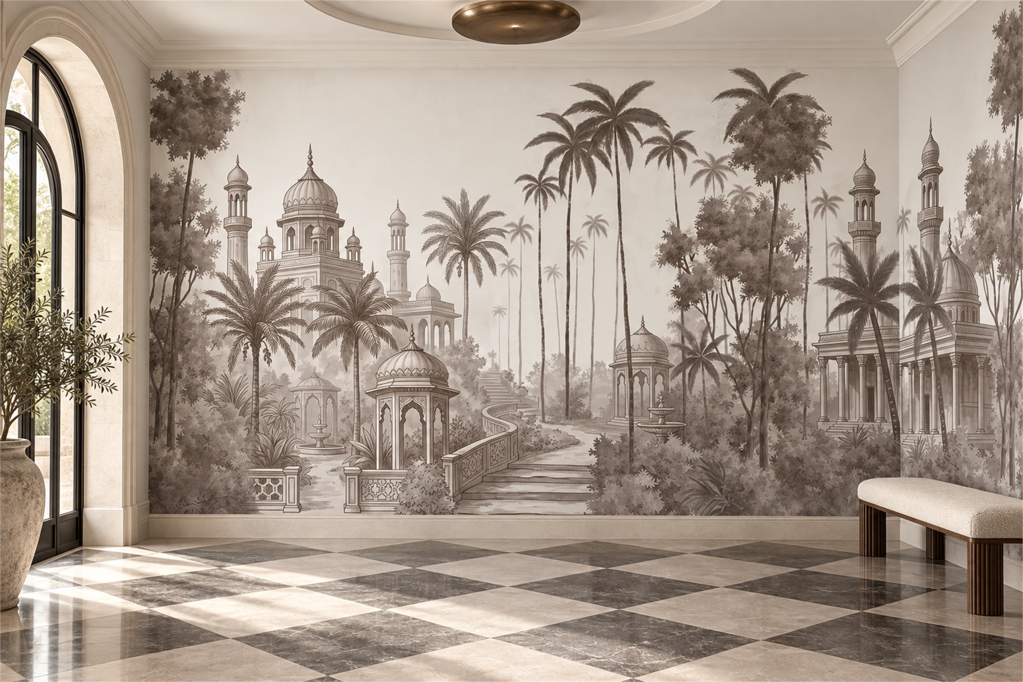 Taupe Palace Scenic Wallpaper Mural Entryway-wallpaper-murals, Peel-and-stick Finish