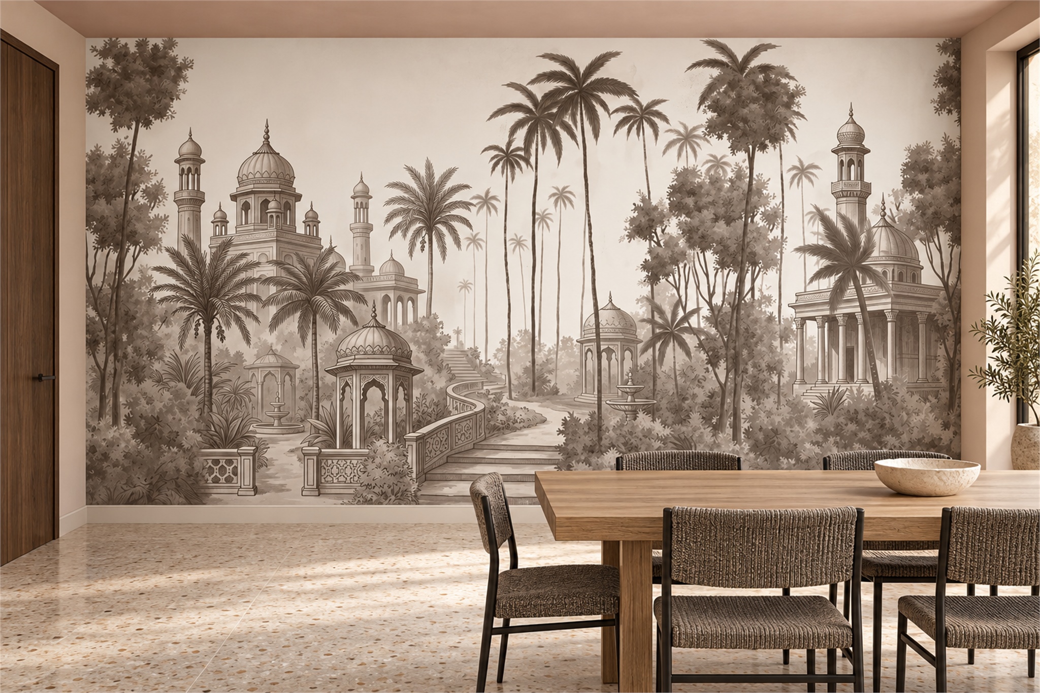 Monochrome Domed Palace Courtyard With Palms Wallpaper Mural — Wallpaper Mural Design, Peel-and-stick Finish
