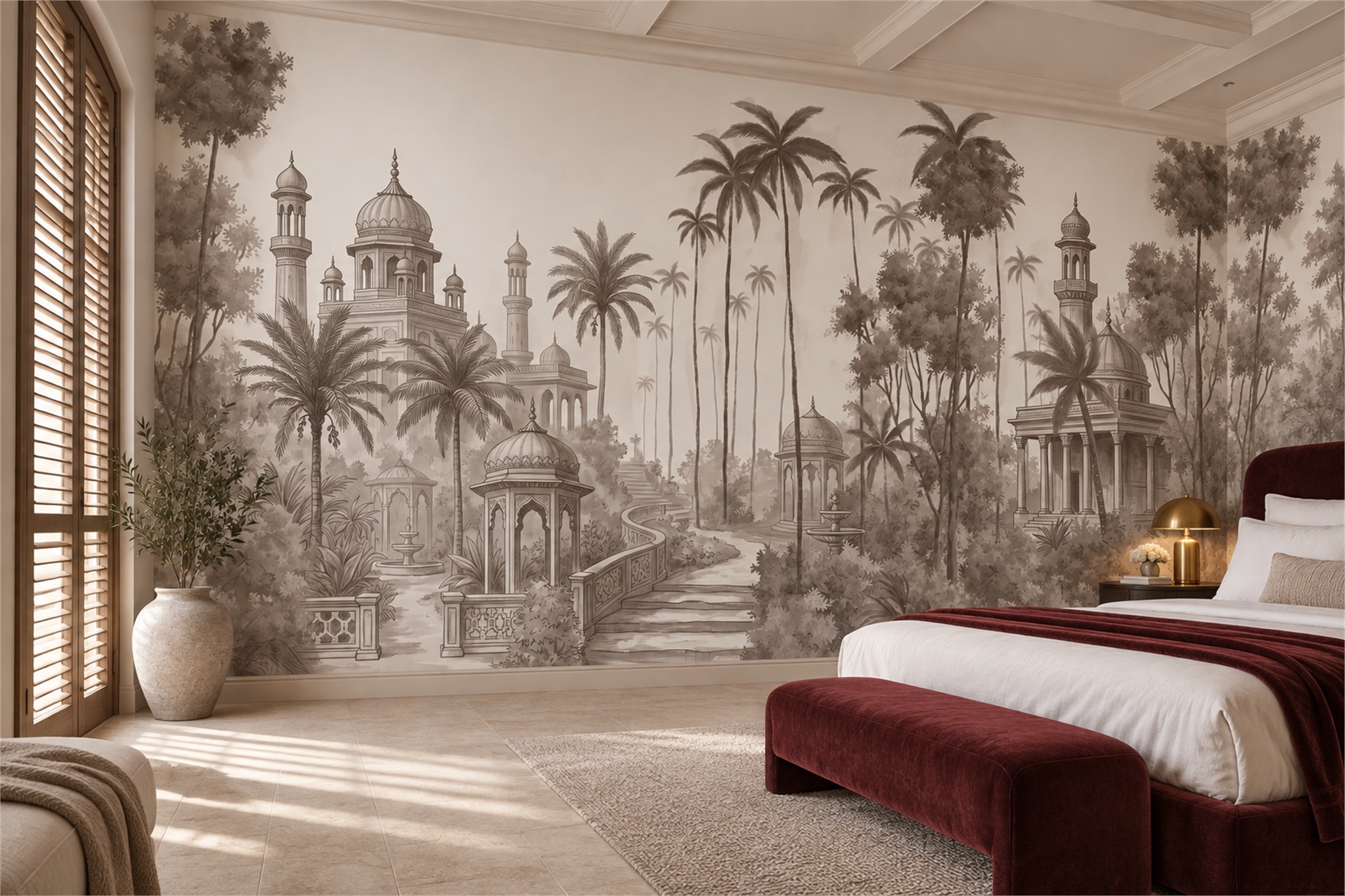 Taupe Palace Scenic Wallpaper Mural Bedroom-wallpaper-murals, Peel-and-stick Finish