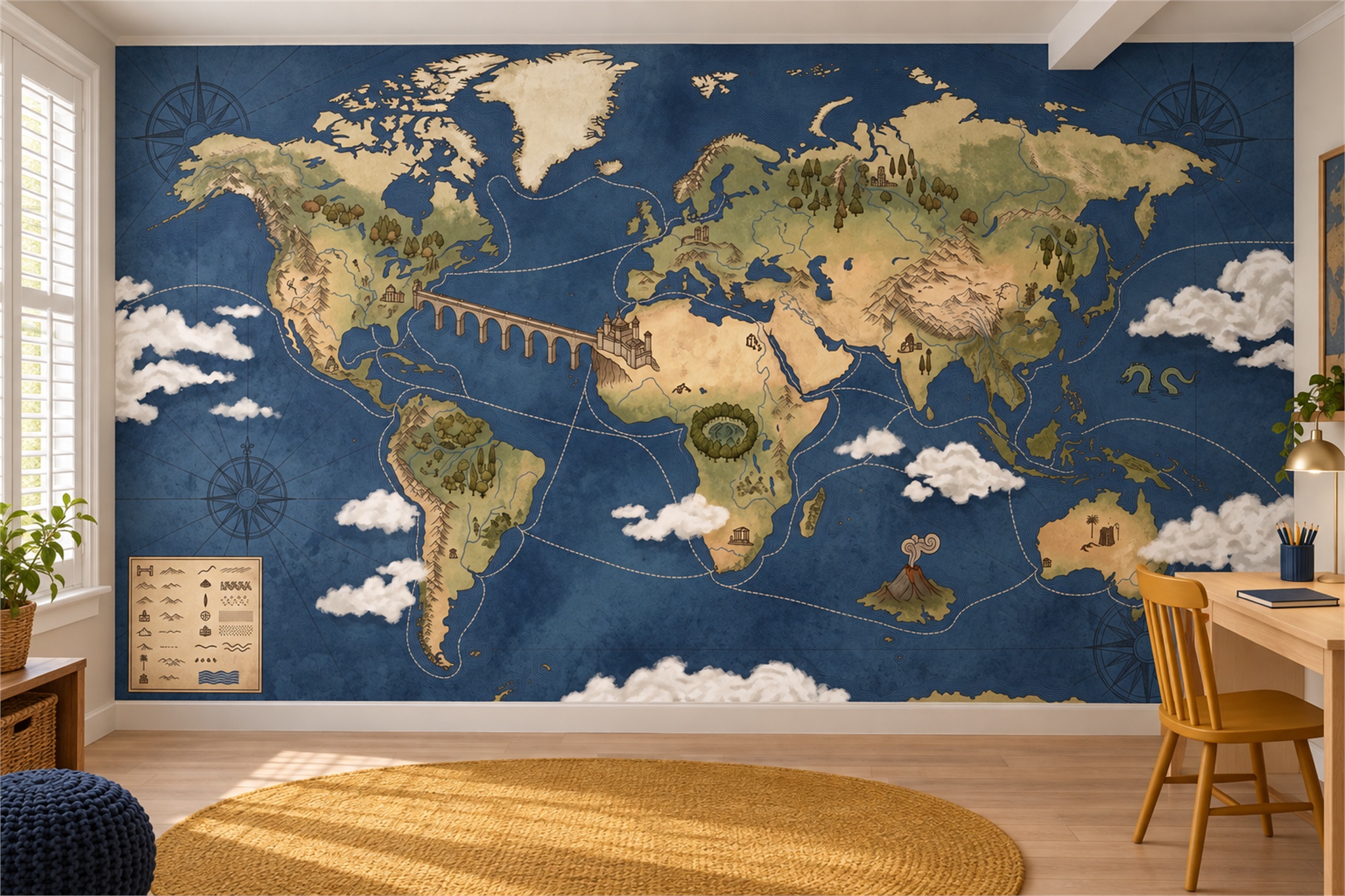 Navy Map Artful Wallpaper Mural Home-office-wallpaper-murals, Shown In A Home Office, Peel-and-stick Finish