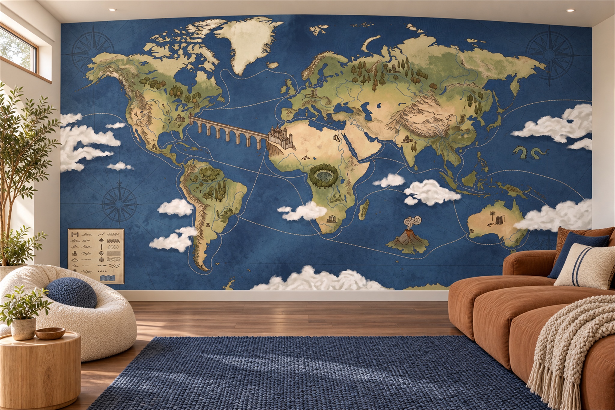 Navy Map Artful Wallpaper Mural Accent-wall-wallpaper-murals, Peel-and-stick Finish