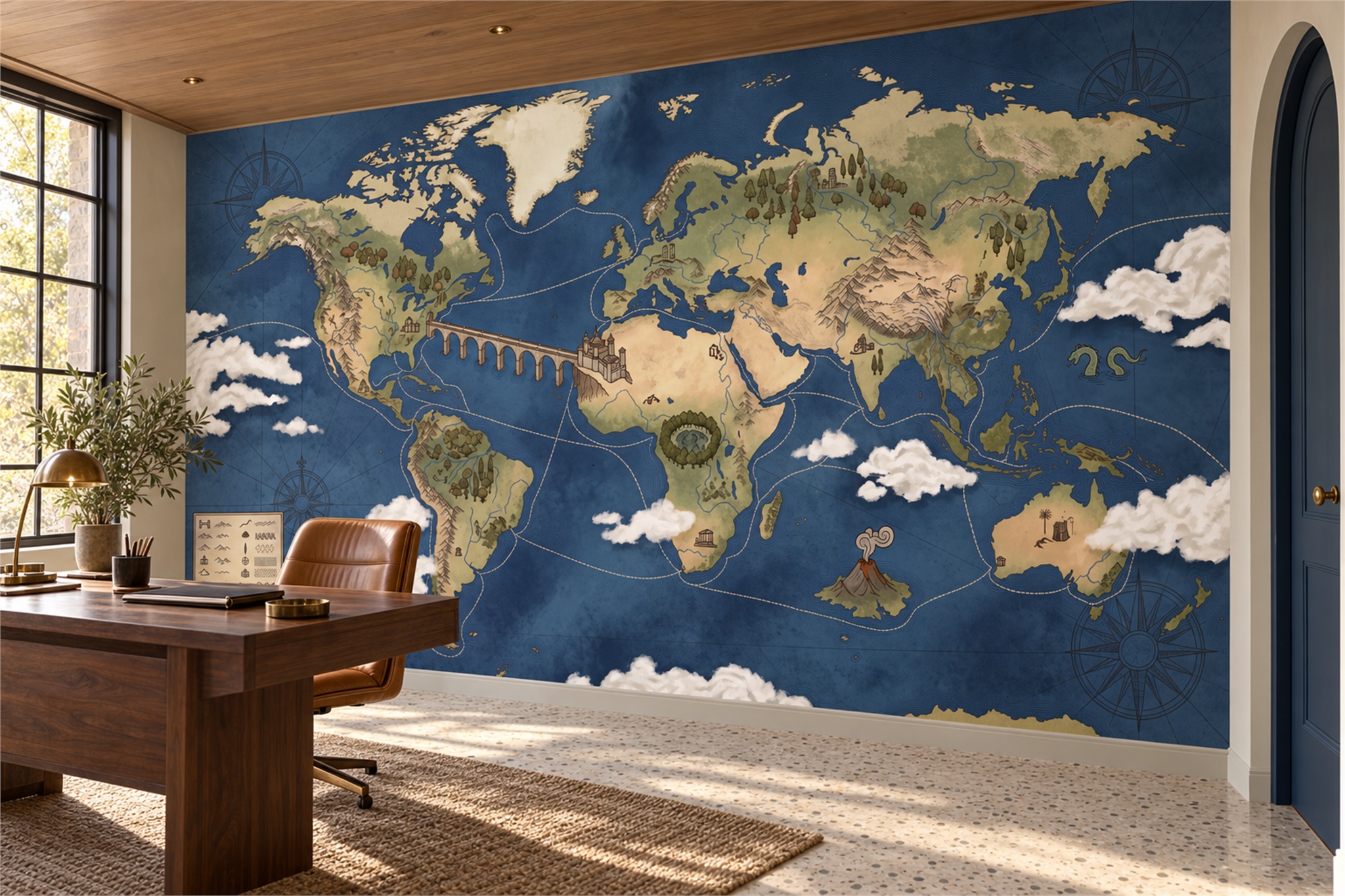 Navy Map Artful Wallpaper Mural Accent-wall-wallpaper-murals, Peel-and-stick Finish