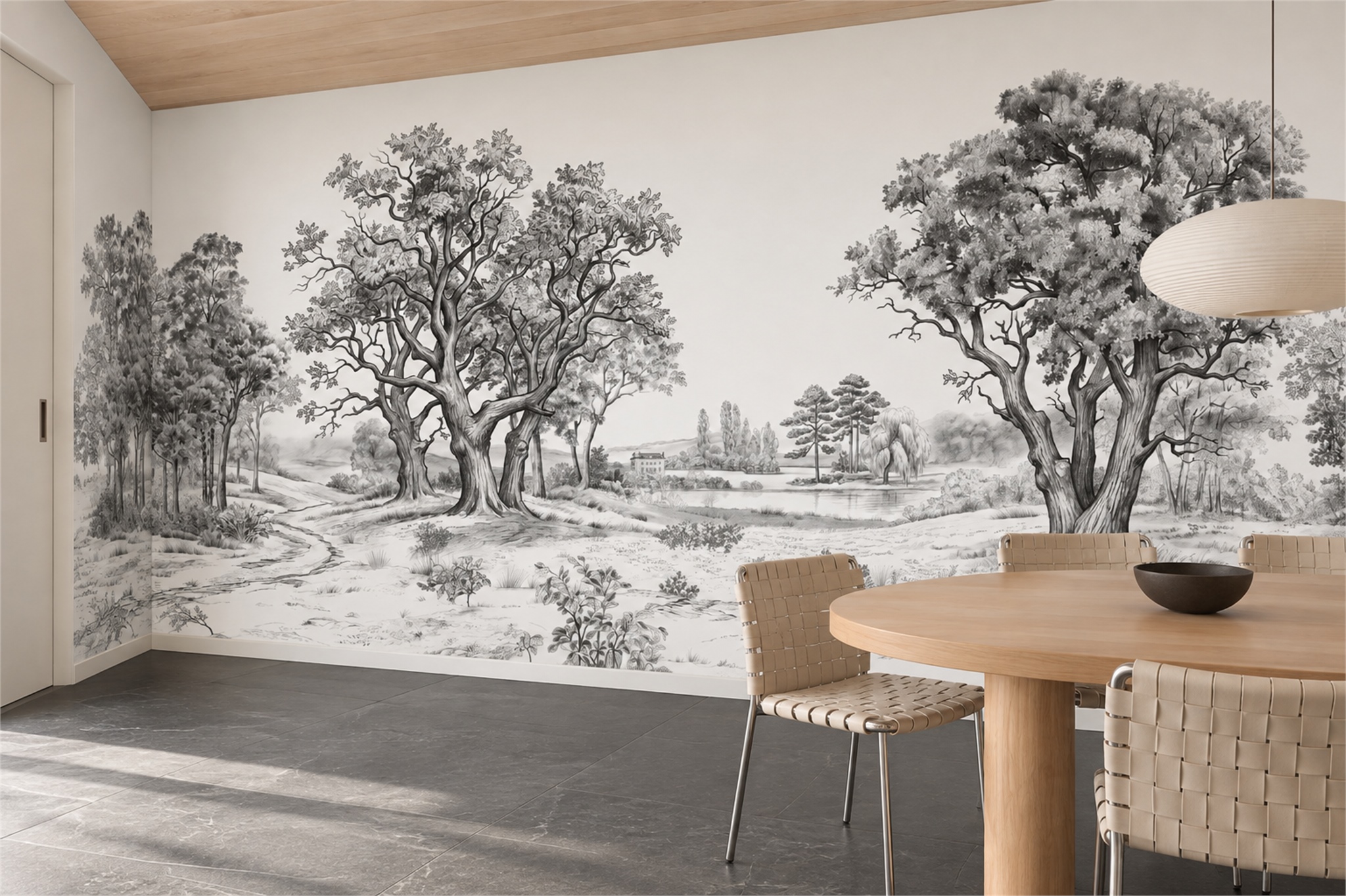 Grey Trees Scenic Layered Wallpaper Mural Dining-room-wallpaper-murals, Shown In A Dining Room, Peel-and-stick Finish
