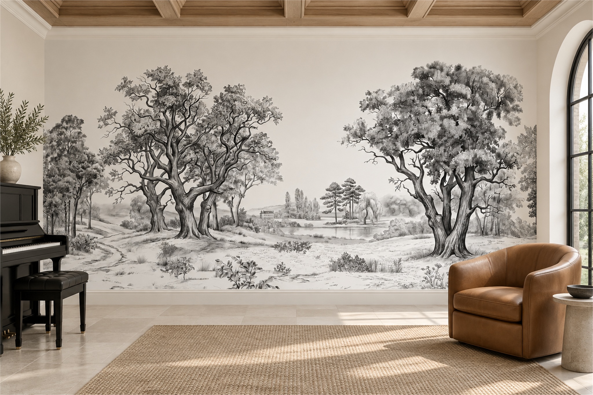 Monochrome Meadow With Ancient Trees And Winding Stream Wallpaper Mural — Wallpaper Mural Design, Peel-and-stick Finish