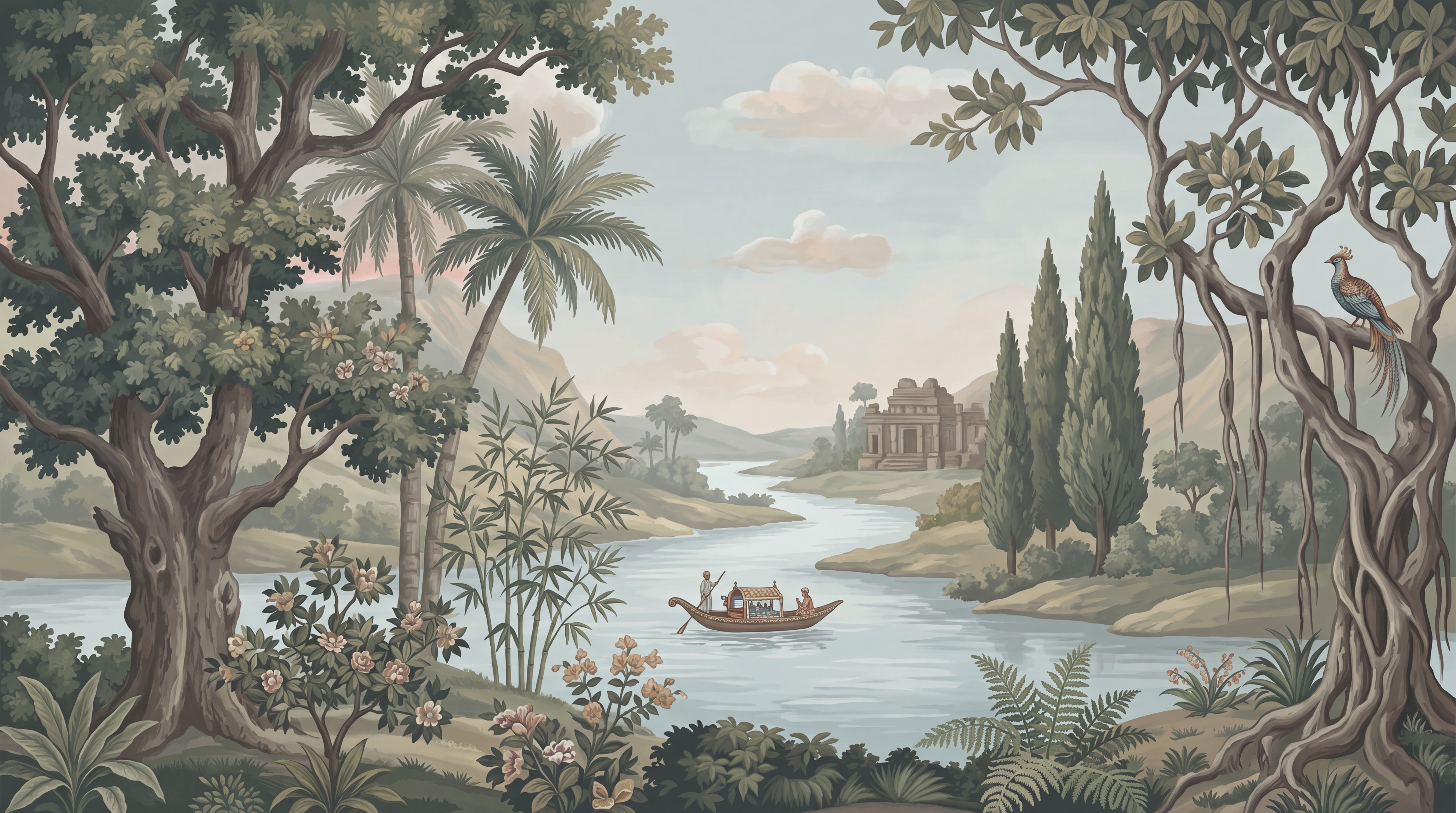 Sage River Scenic Painterly Wallpaper Mural, Peel-and-stick Finish