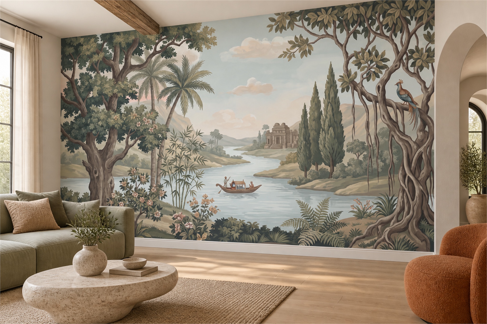 Sage River Scenic Painterly Wallpaper Mural Living-room-wallpaper-murals, Shown In A Living Room, Peel-and-stick Finish
