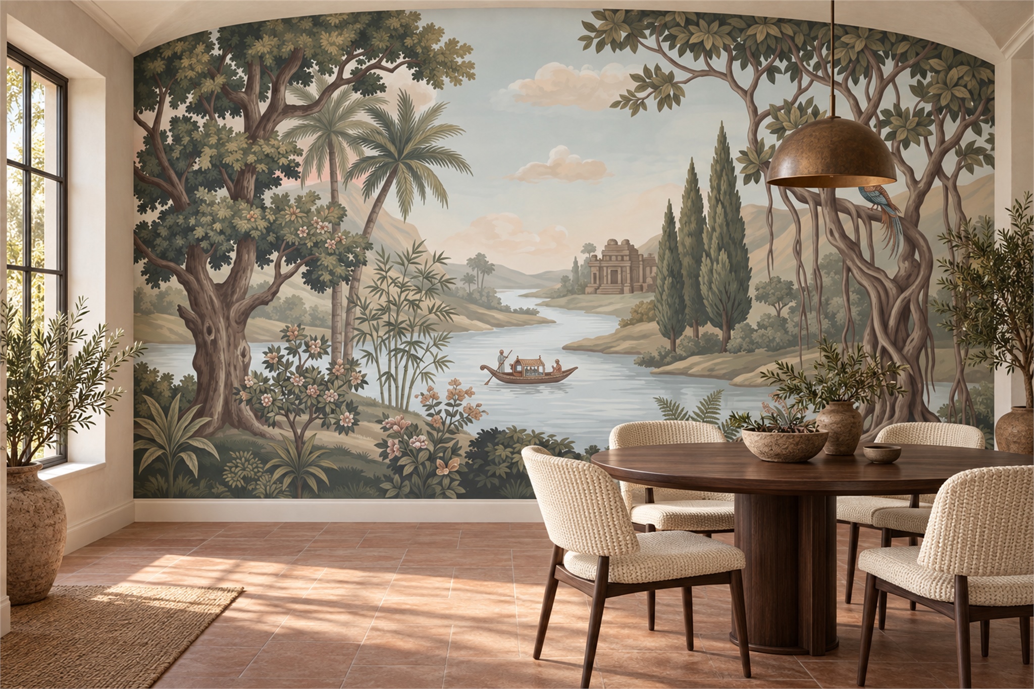 Tropical Riverboat Beneath Old Trees Wallpaper Mural — Wallpaper Mural Design, Peel-and-stick Finish