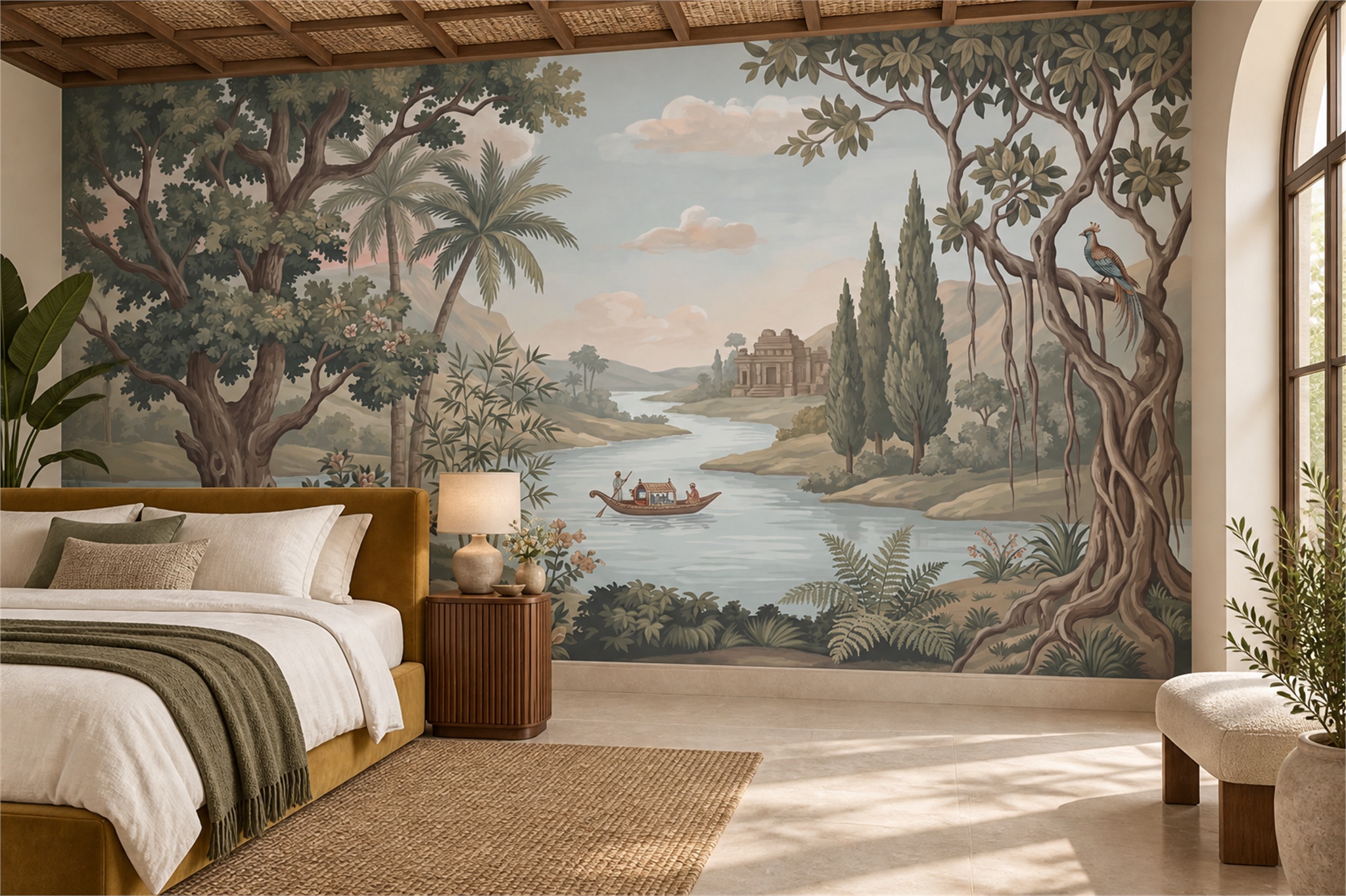 Sage River Scenic Painterly Wallpaper Mural Dining-room-wallpaper-murals, Peel-and-stick Finish