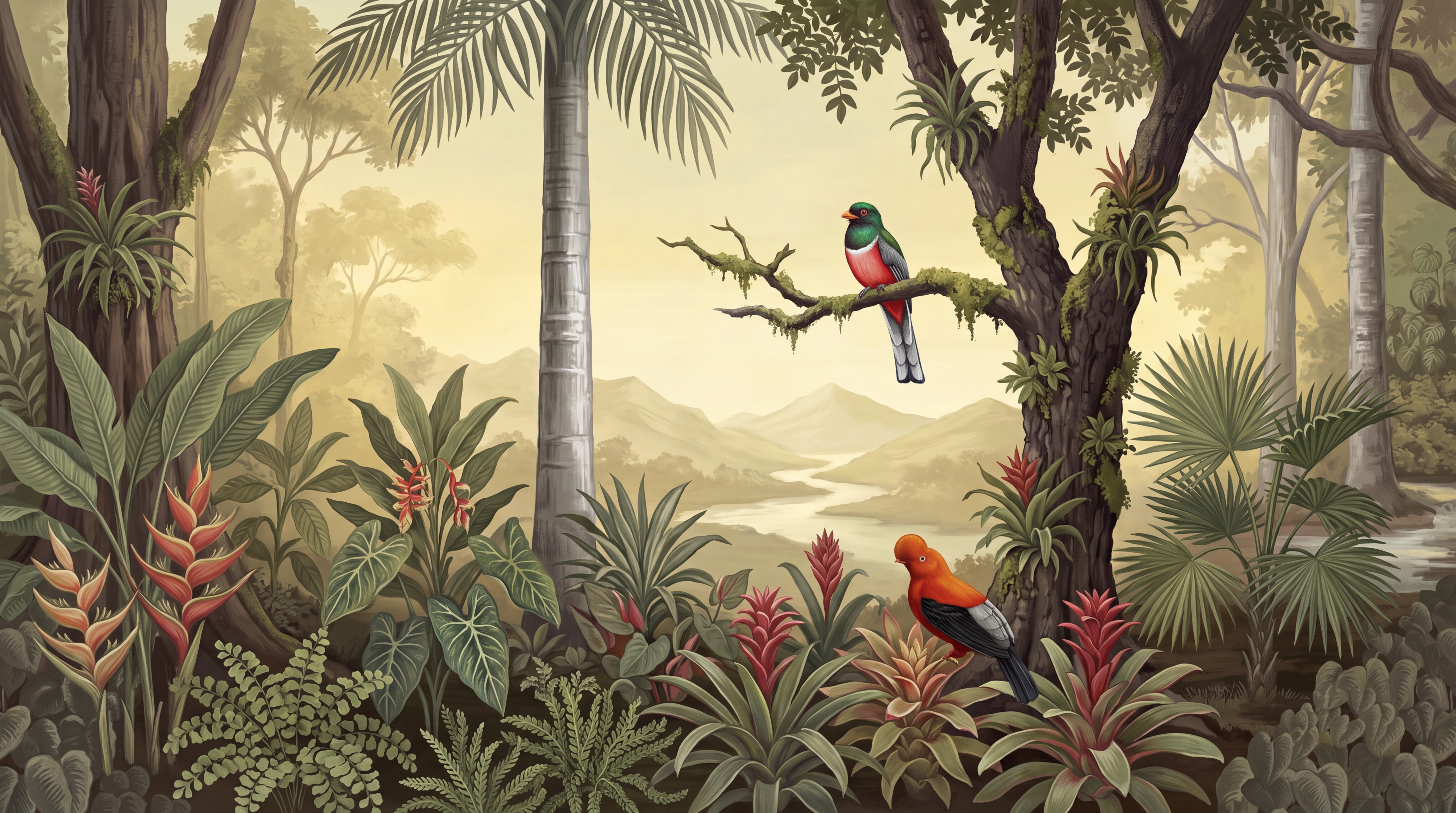 Gold Parrot Illustrated Wallpaper Mural, Peel-and-stick Finish