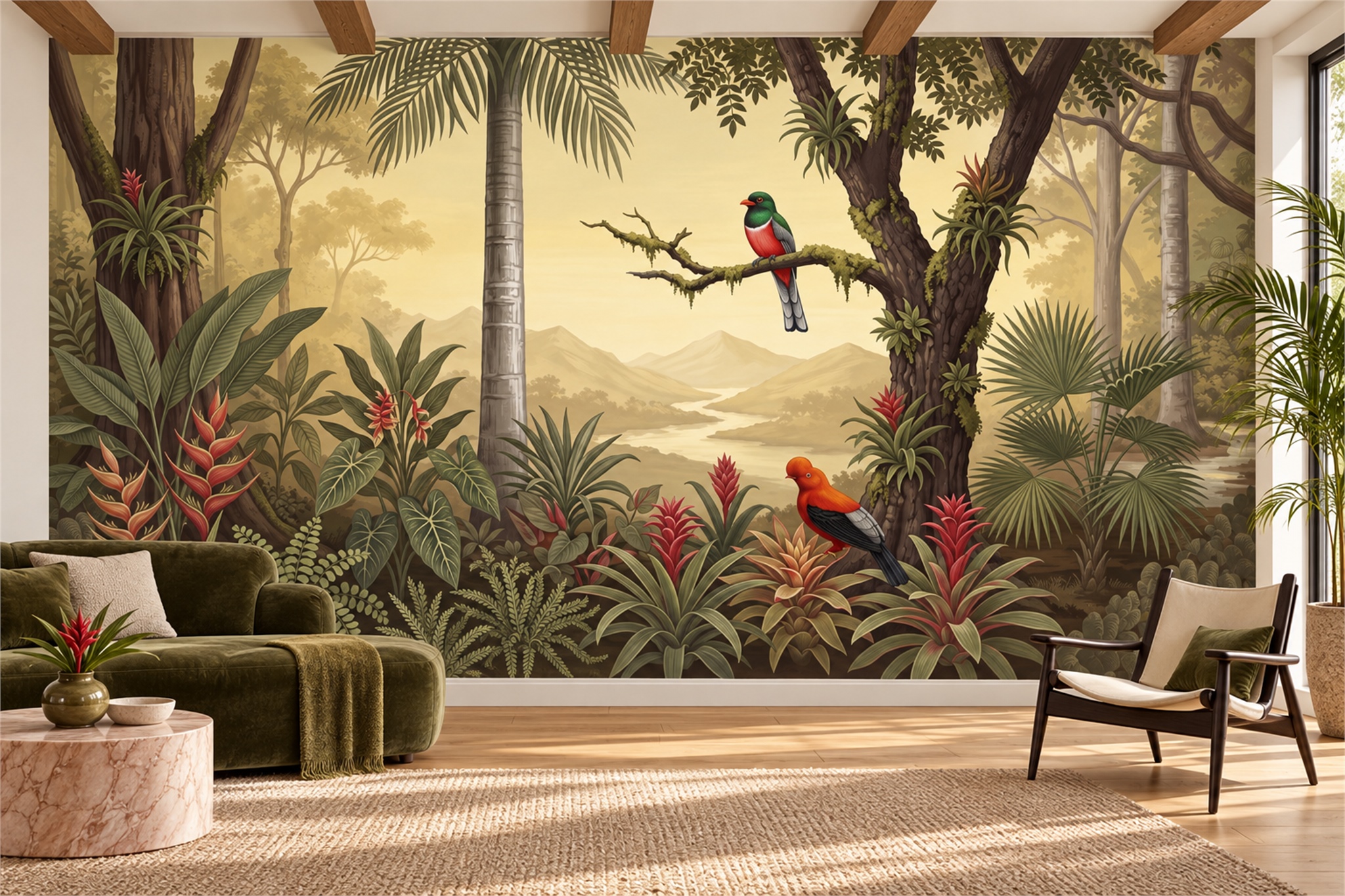 Tropical Forest With Colourful Birds And Golden Light Wallpaper Mural — Wallpaper Mural Design, Peel-and-stick Finish