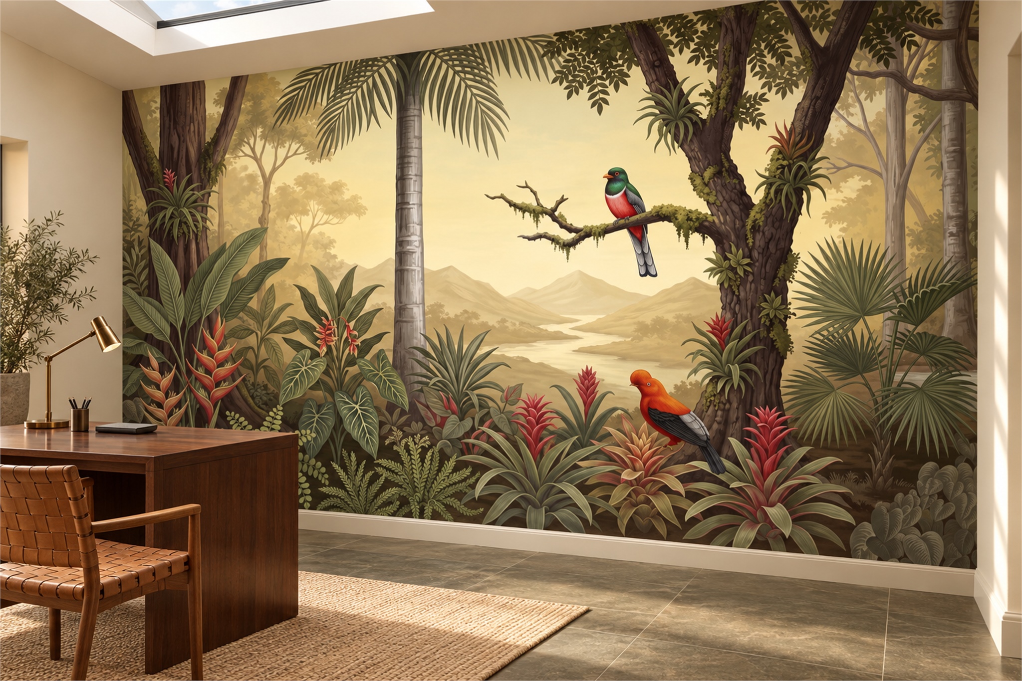 Gold Parrot Illustrated Wallpaper Mural Home-office-wallpaper-murals, Shown In A Home Office, Peel-and-stick Finish