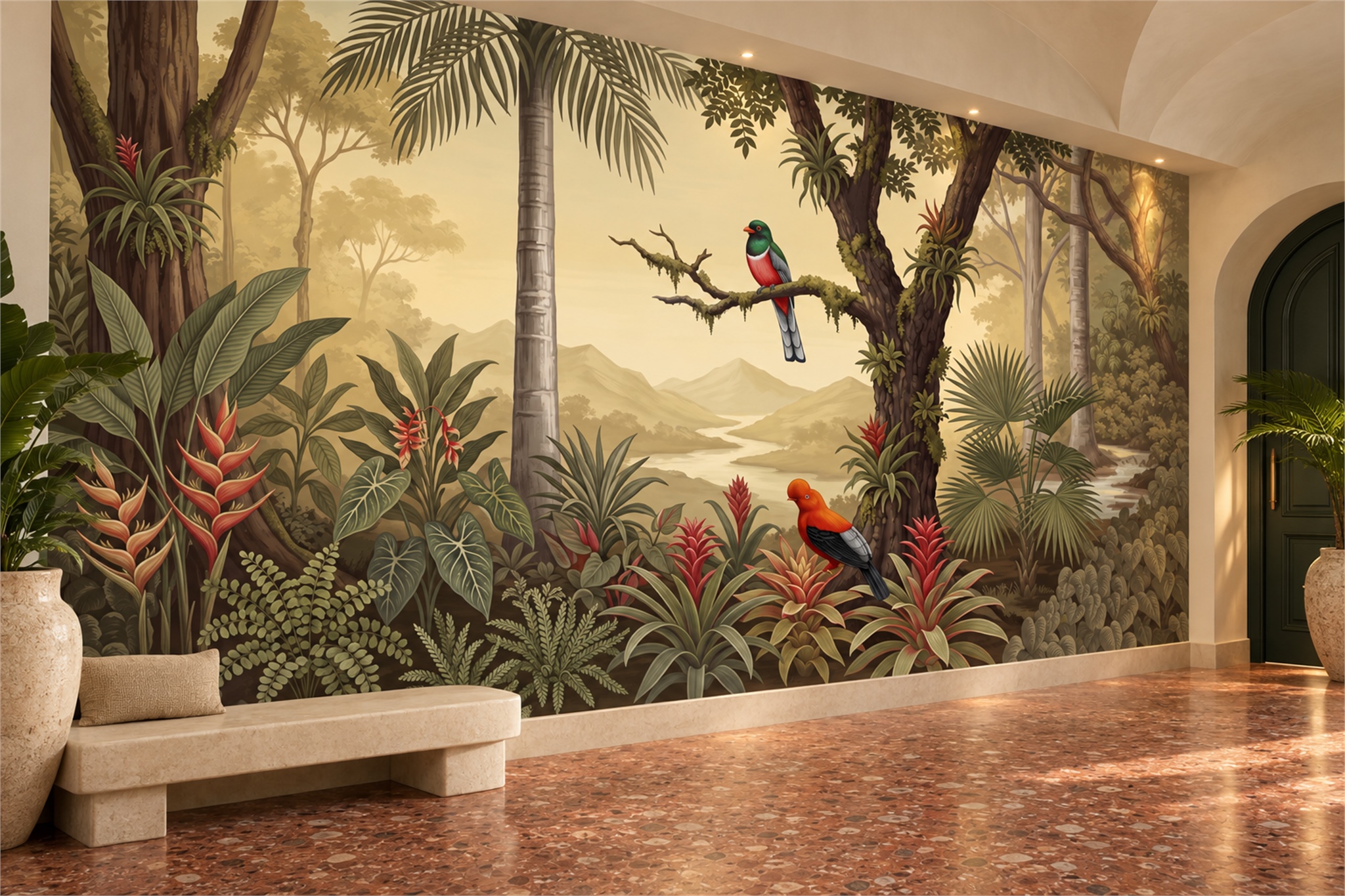 Gold Parrot Illustrated Wallpaper Mural Entryway-wallpaper-murals, Peel-and-stick Finish