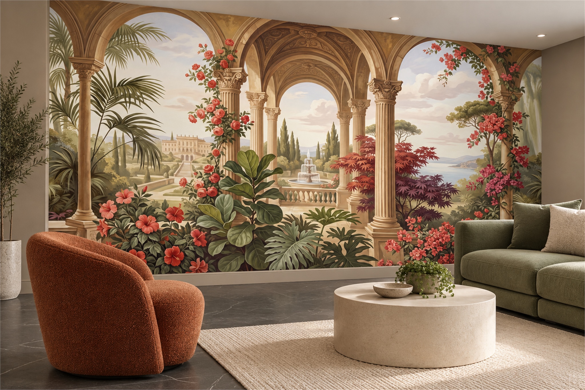 Rose Garden Through Classical Arches Wallpaper Mural — Wallpaper Mural Design, Peel-and-stick Finish