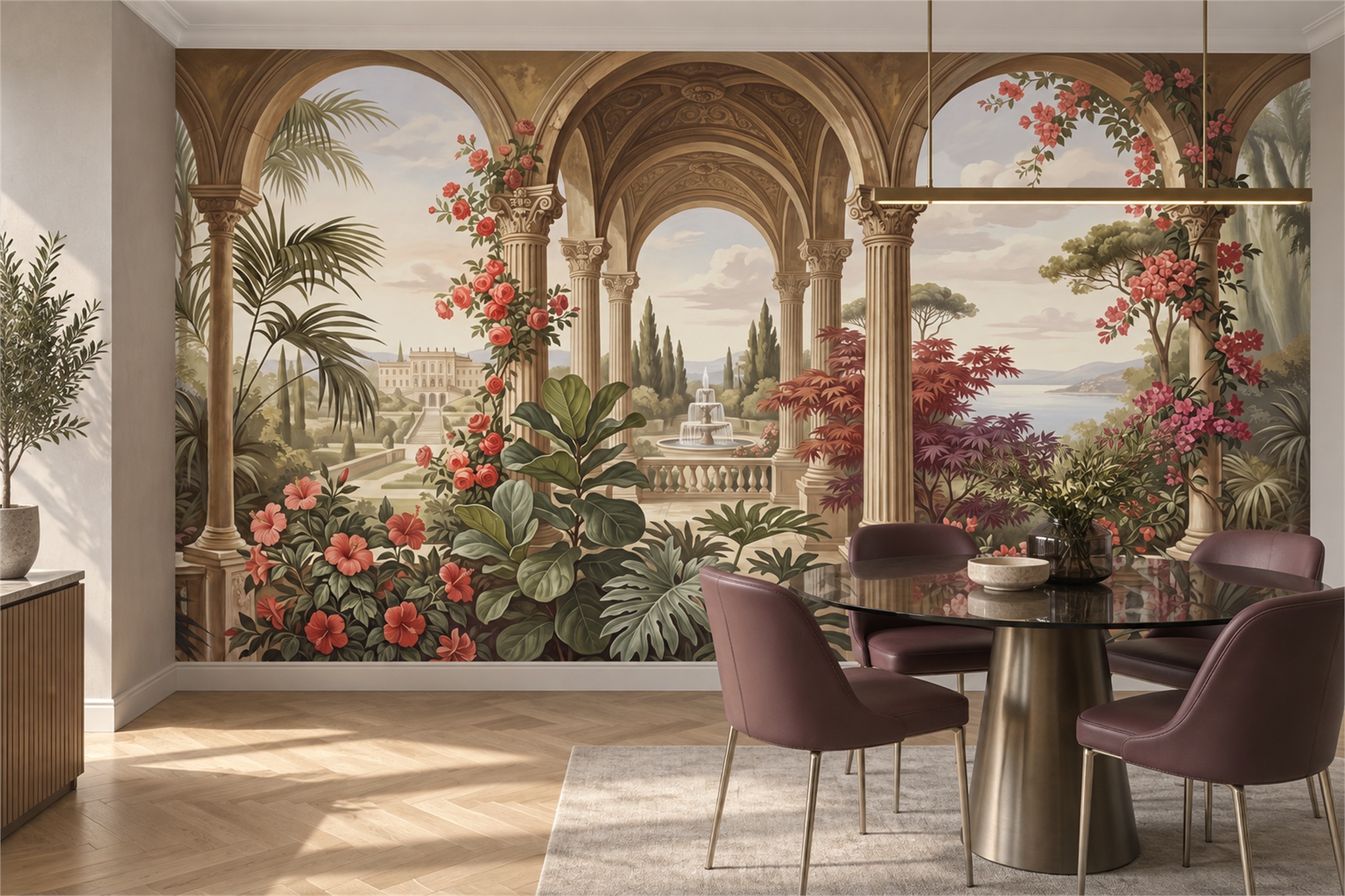 Red Arched Abstract Wallpaper Mural Dining-room-wallpaper-murals, Shown In A Dining Room, Peel-and-stick Finish