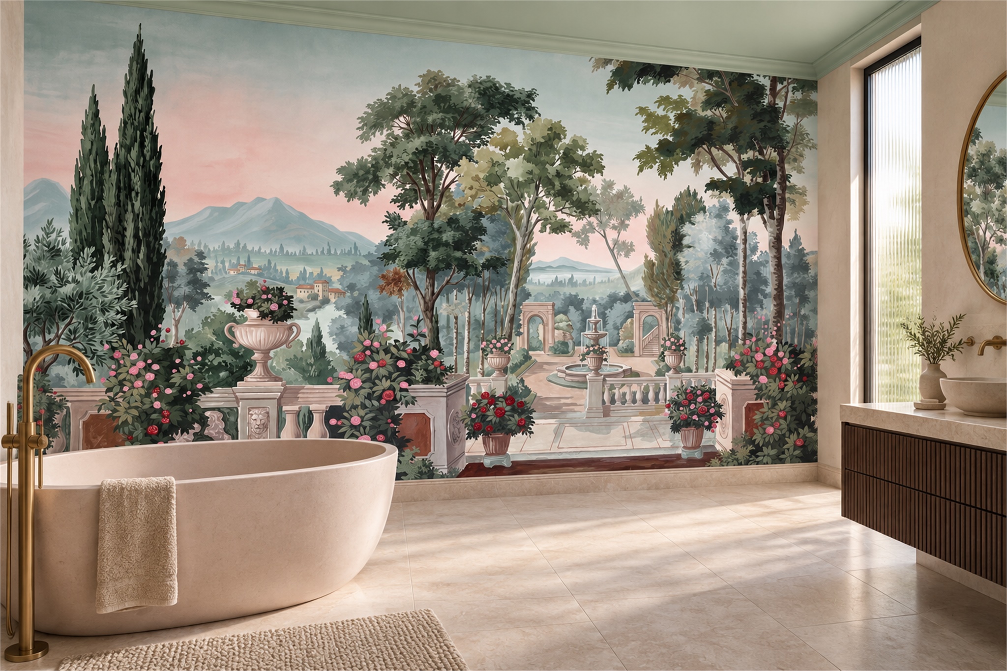 Sage Garden Scenic Wallpaper Mural Bathroom-wallpaper-murals, Peel-and-stick Finish