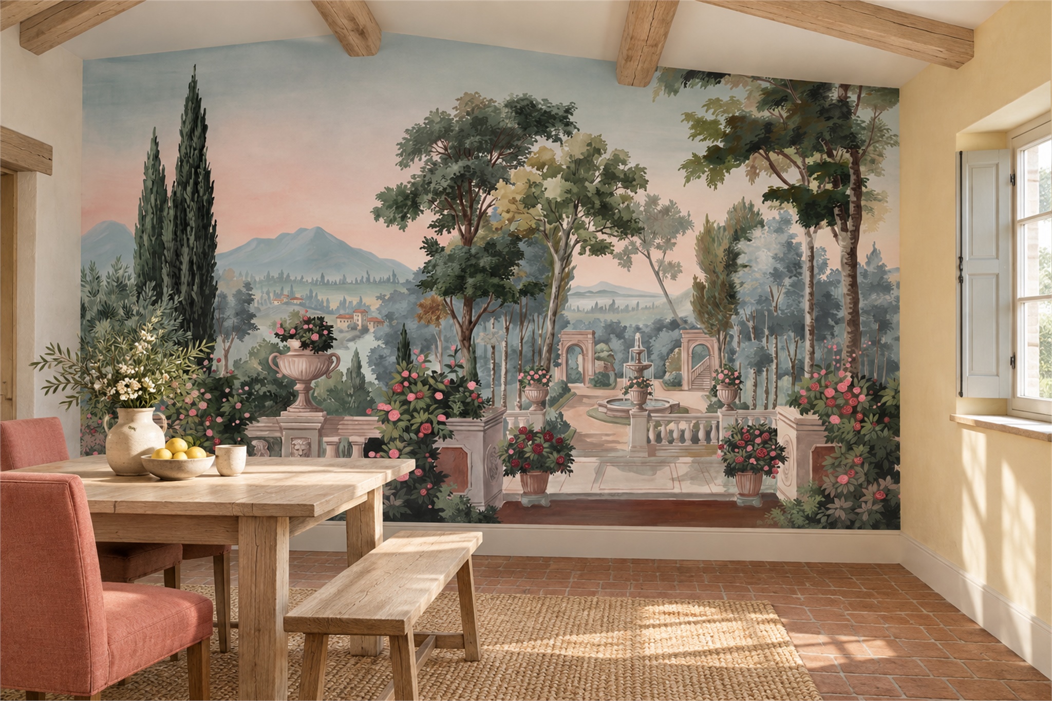 Watercolour Italian Garden Terrace With Fountain And Rose Borders Wallpaper Mural — Wallpaper Mural Design, Peel-and-stick Finish