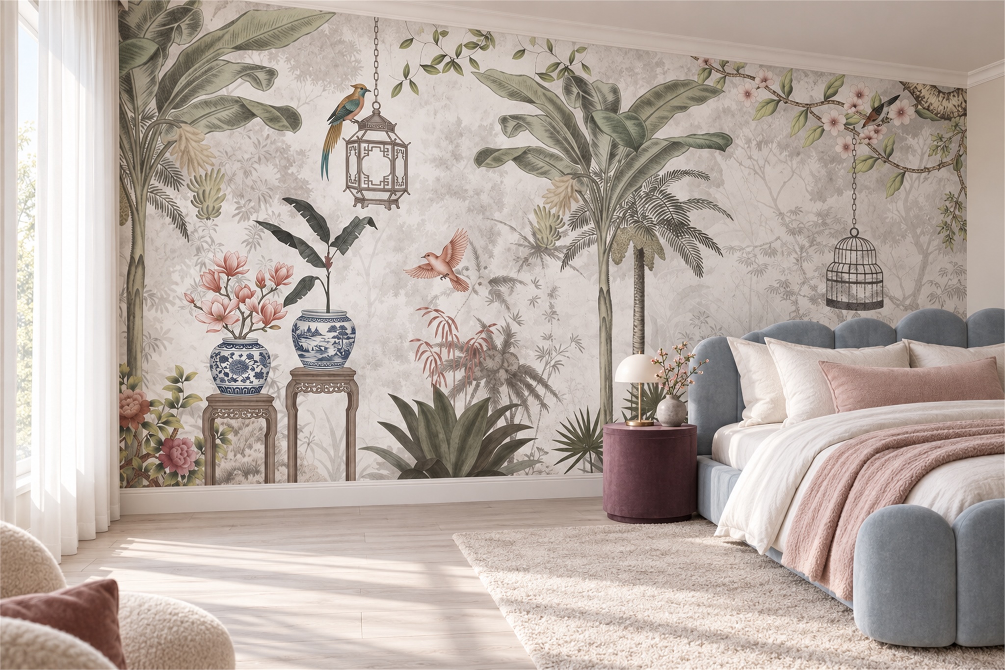 Taupe Pattern Decorative Bird Wallpaper Mural Bedroom-wallpaper-murals, Peel-and-stick Finish