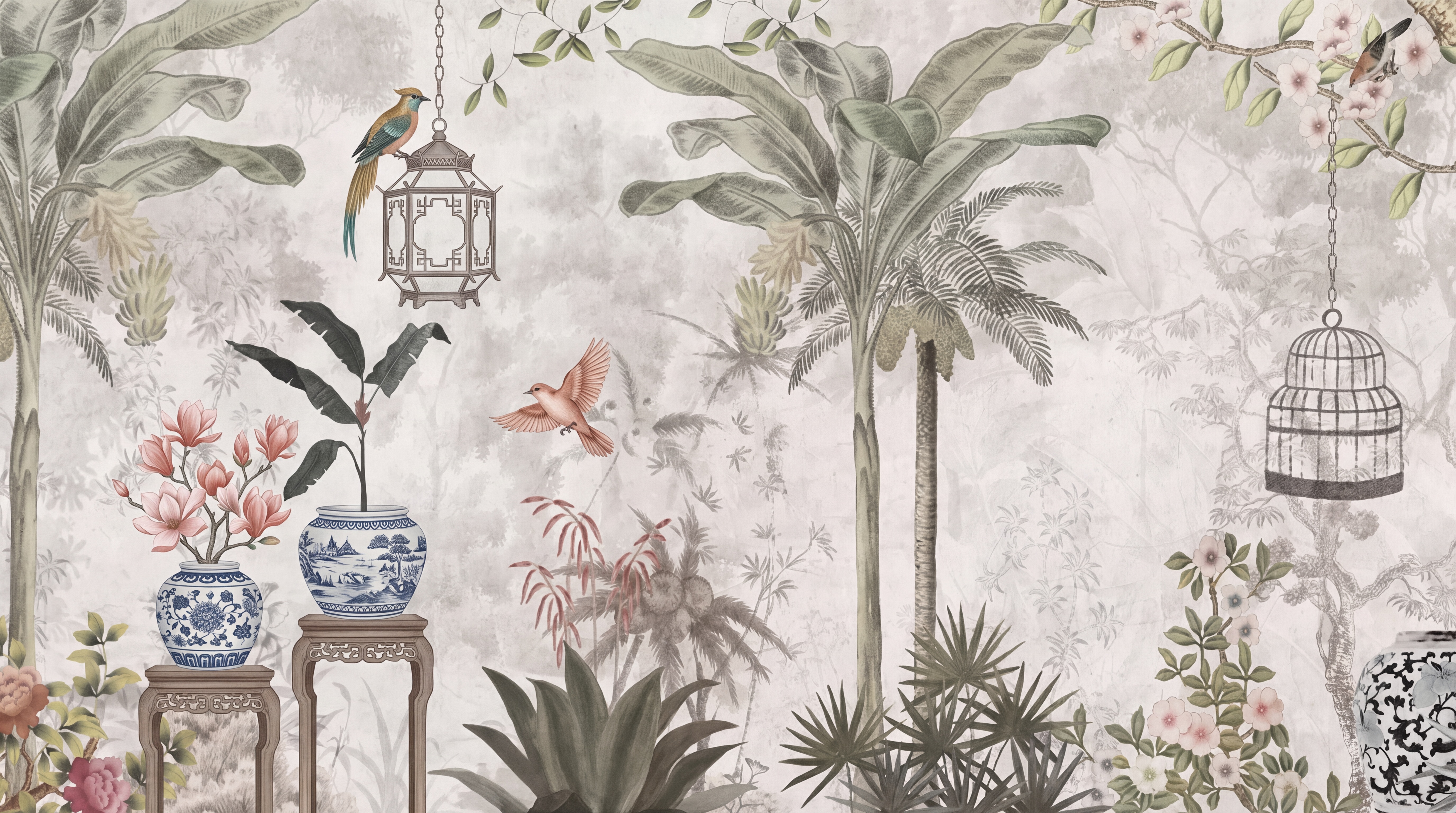 Taupe Pattern Decorative Bird Wallpaper Mural, Peel-and-stick Finish