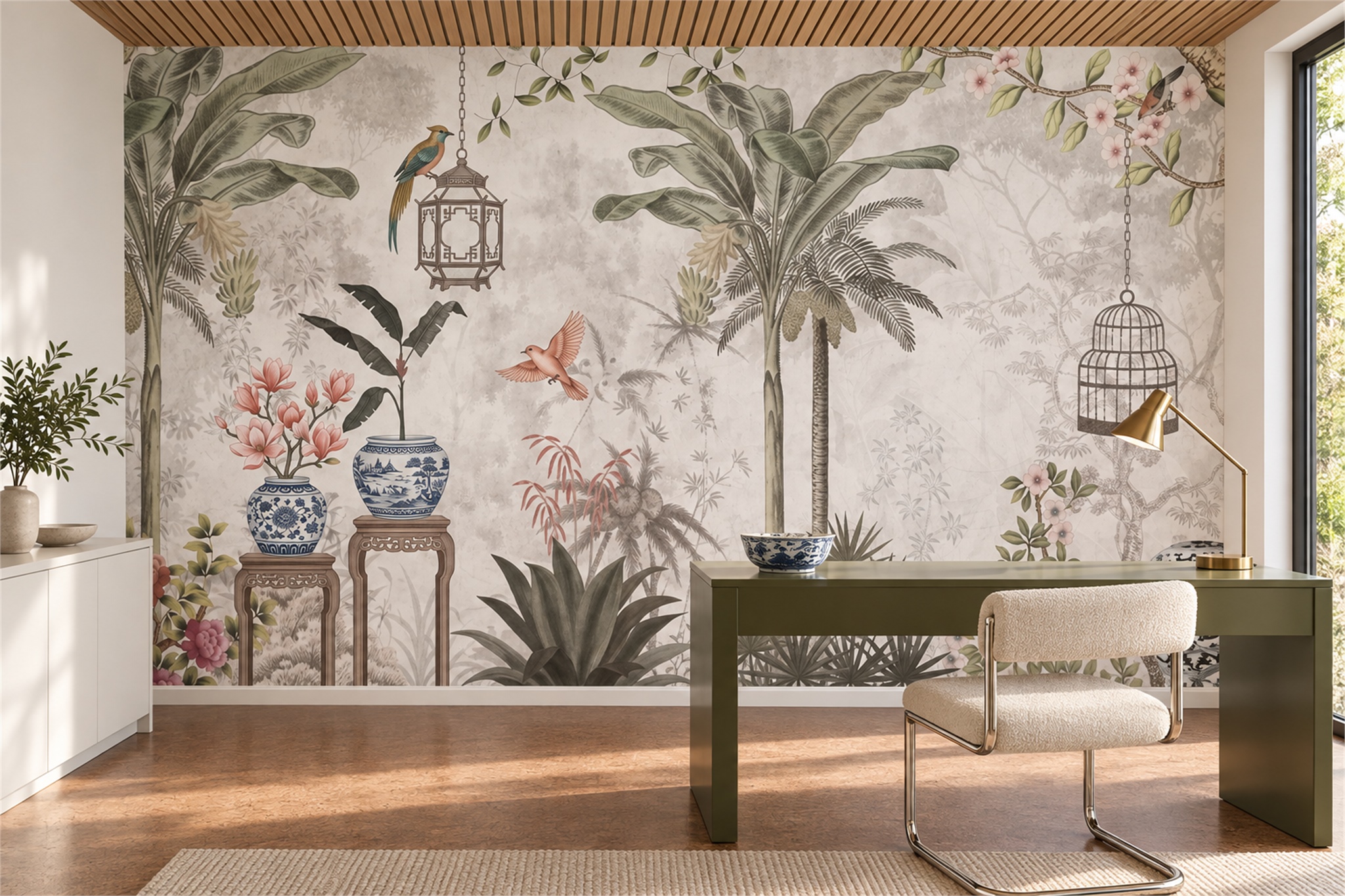 Tropical Birds, Hanging Cages And Flowering Palms Wallpaper Mural — Wallpaper Mural Design, Peel-and-stick Finish